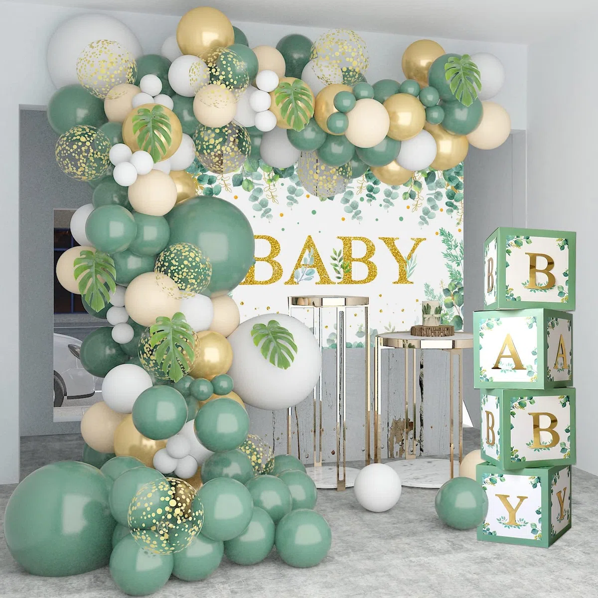 125pcs Decoración Baby Shower Verde Salvia, Cajas Bebé Verde Salvia con Globos Oro Verde y Telón de Fondo de Bebé Verde para Baby Shower Niño y Niña, Fiesta Safari Cumpleaños, Revelación de Género
