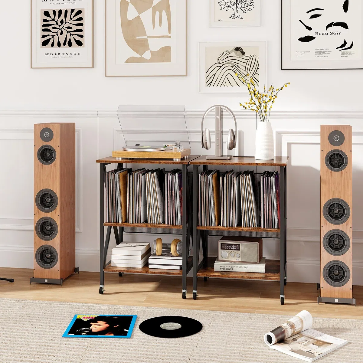 GOPLUS Soporte para Tocadiscos, Estante de Almacenamiento para Vinilos de 3 Niveles con Estación de Carga Incorporada y Ruedas Bloqueables, Soporte para Giradiscos (Marrón Rústico)