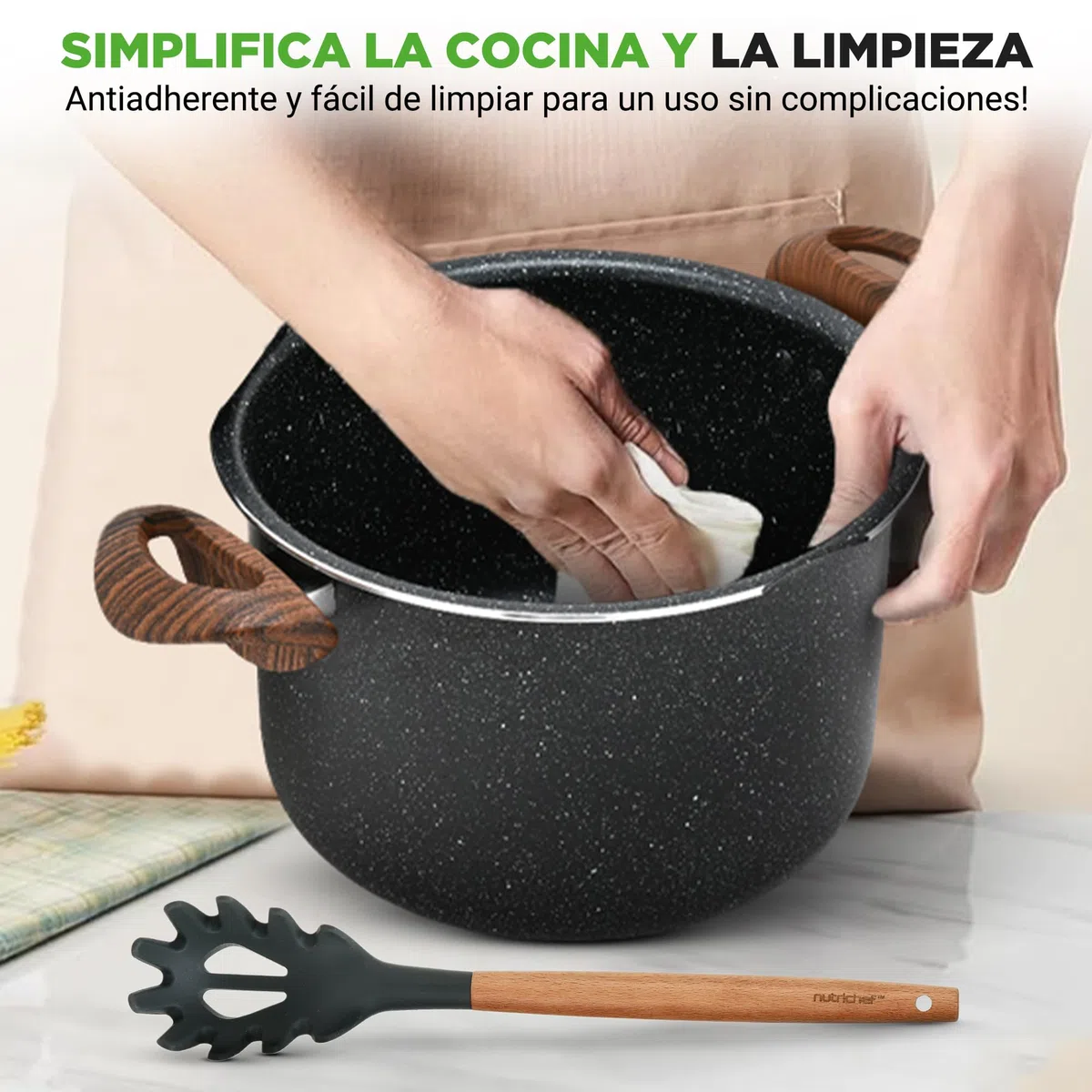Nutrichef Olla para pasta con tapa coladora, 4.8L, Tenedor incluido, Antiadherente, Mangos resistentes al calor, Facil de limpiar