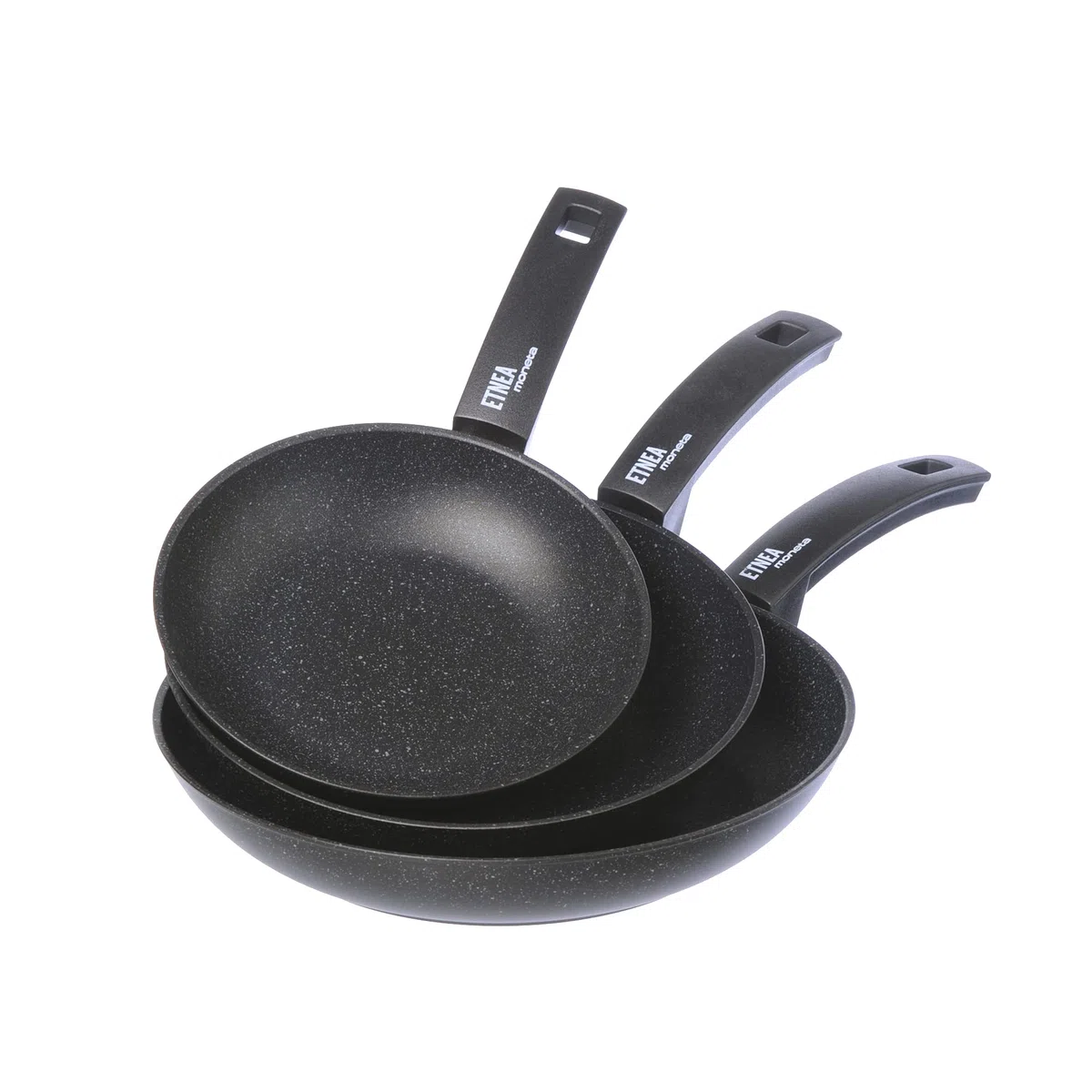 Moneta Etnea Juego de 3 Sartenes, Superficie de Piedra Antiadherente y Revestimiento Antirayadura, Aptas para la Mayoría de las Cocinas, Aptas para el Lavavajillas, Medidas: 20, 24, 28 cm