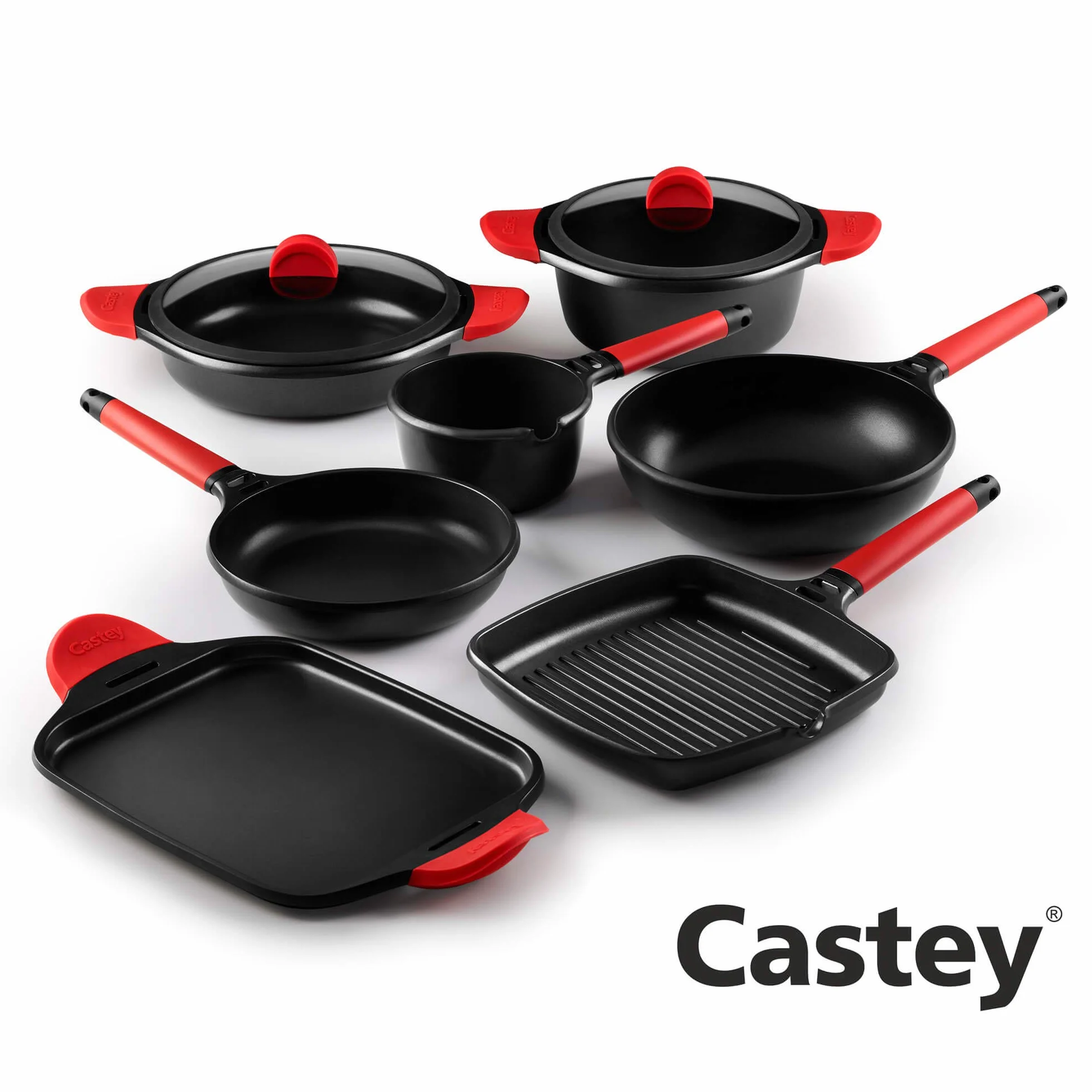CASTEY - Grill Asador de Inducción, 27 cm, Modelo 2-IG27, Color Rojo, Mango Desmontable, Sartén Antiadherente de Aluminio, Distribución Homogénea del Calor