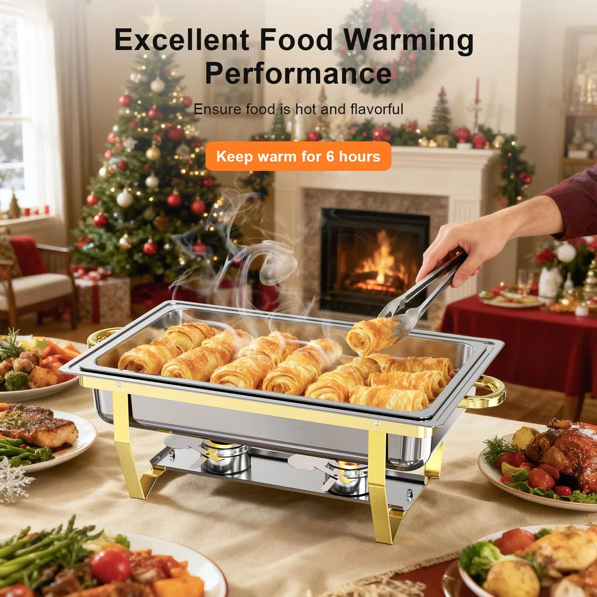 Juego de 2 platos de frotamiento para buffet, juego de platos de alta calidad, calentadores de alimentos [instalación sin tornillos] con diseño apilable para bufés de bodas, hogar, Navidad, 2 sartenes