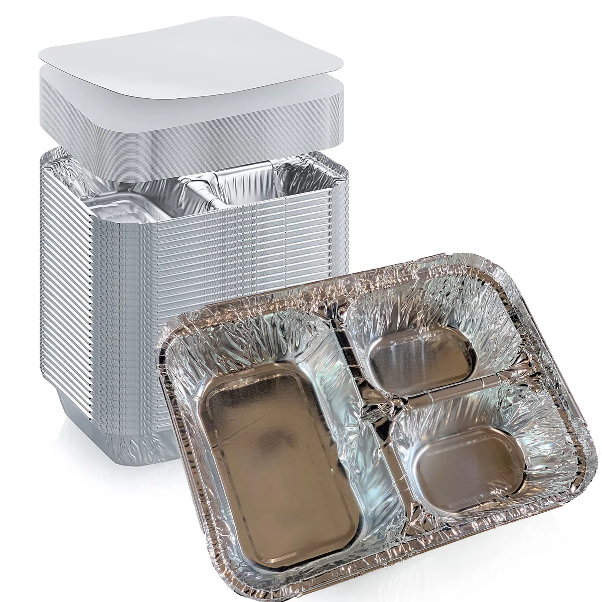 Bandeja desechable de aluminio con tapas de cartón (paquete de 20 juegos) – Bandeja de aluminio de 3 compartimentos