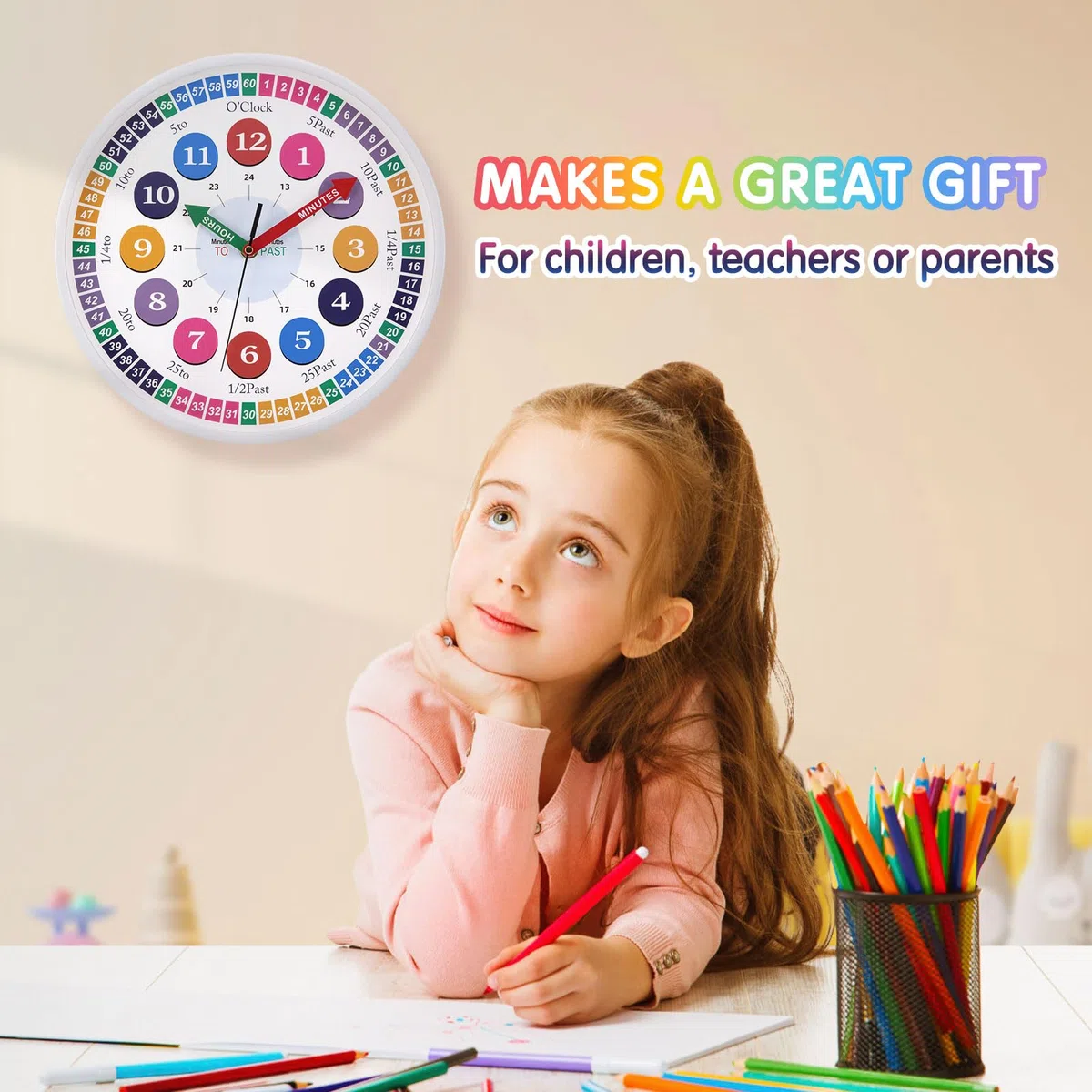 Reloj de Pared para Niños Reloj de Aprendizaje Reloj Infantil para Niños y Niñas Mecanismo Silencioso 30 CM para Habitación de los Niños