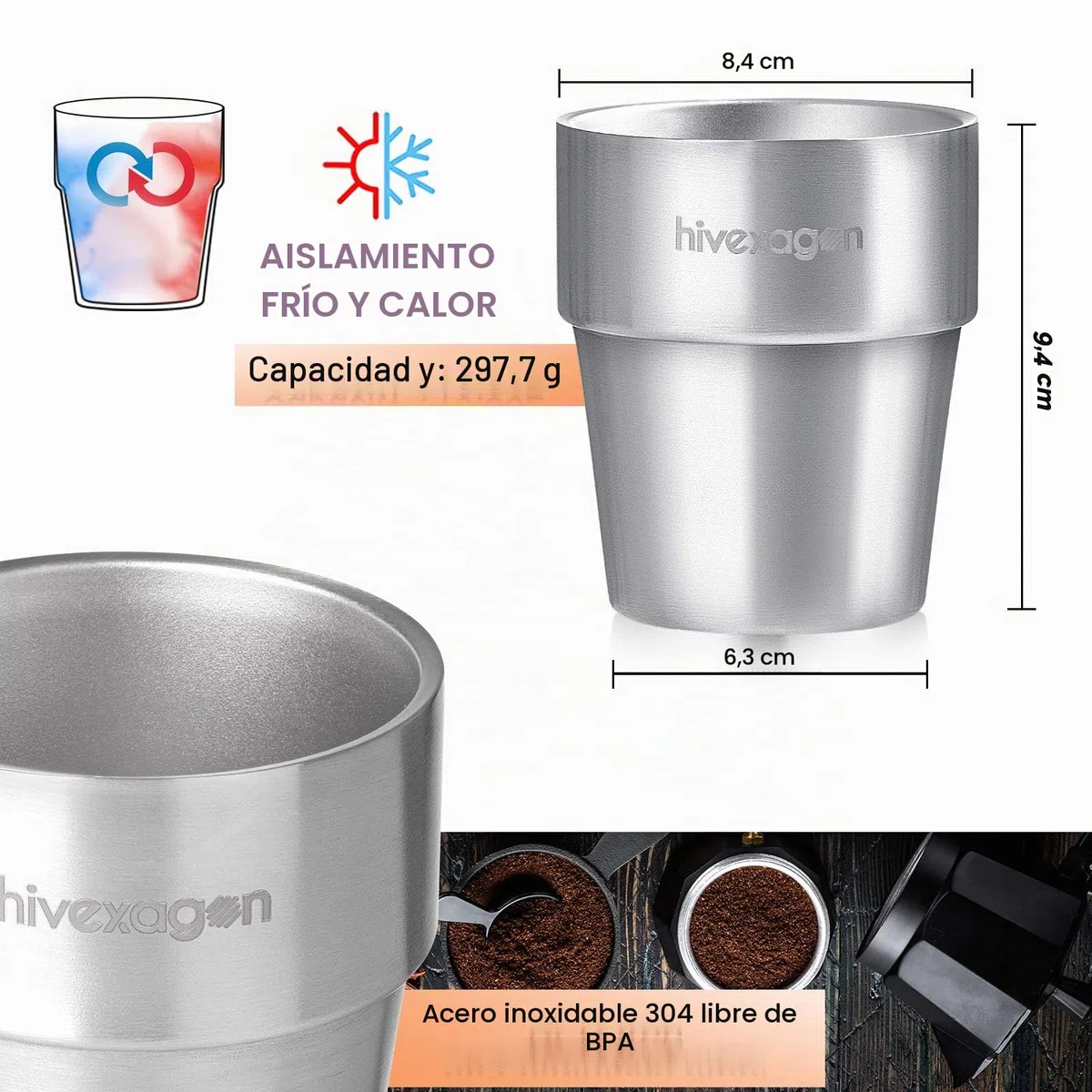 Hivexagon Vasos de Cerveza de Acero Juego de 8 Tazas de Doble Pared de Acero Inoxidable de 300 ml - Perfecto para Bebidas Frías - Apto para Lavavajillas HG298