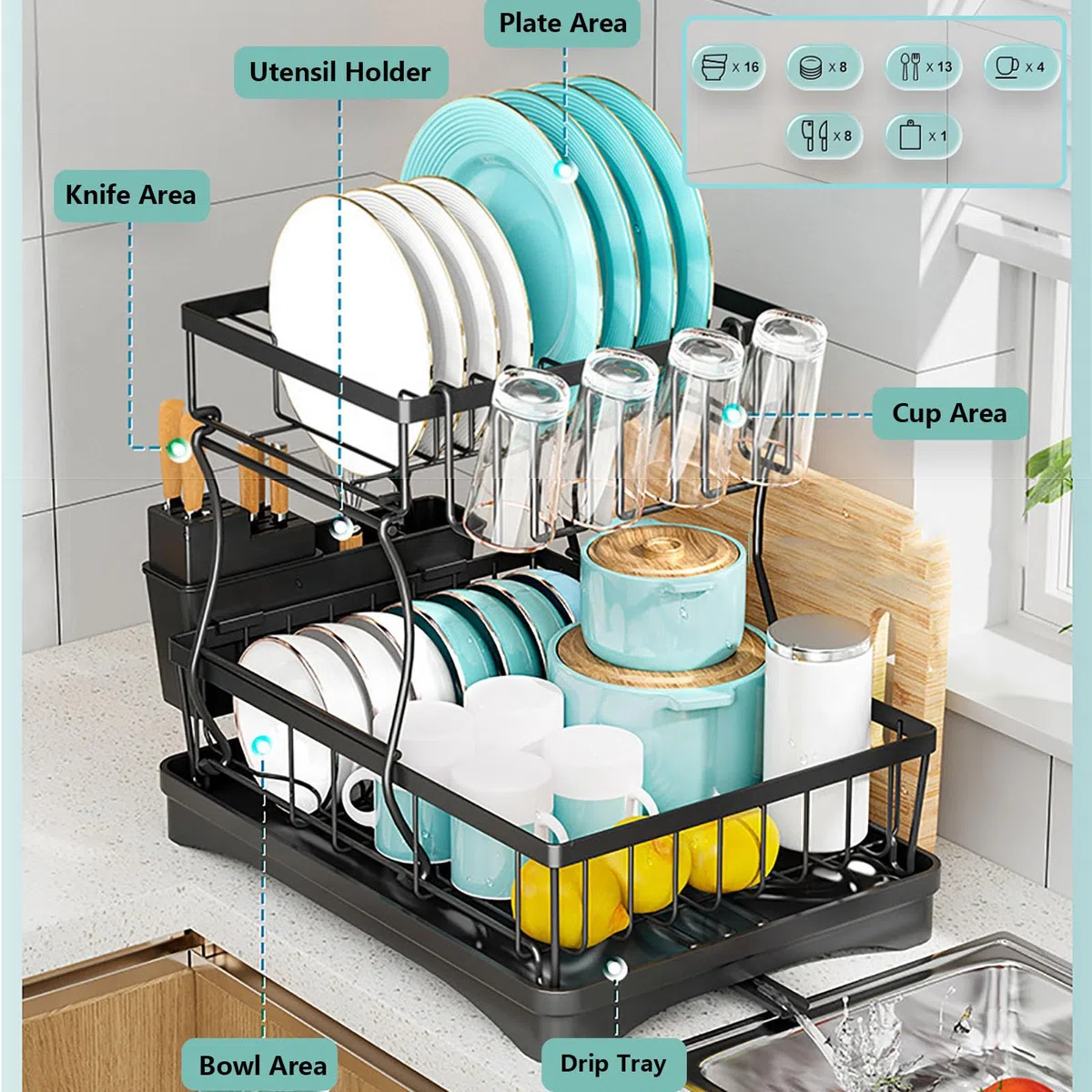 Escurridor de Platos de 2 Niveles con Bandeja y Boquilla giratoria, Porta Cubiertos Desmontable y Organizador de Vasos, para Platos, Cuencos, Vasos y Cubiertos,Negro