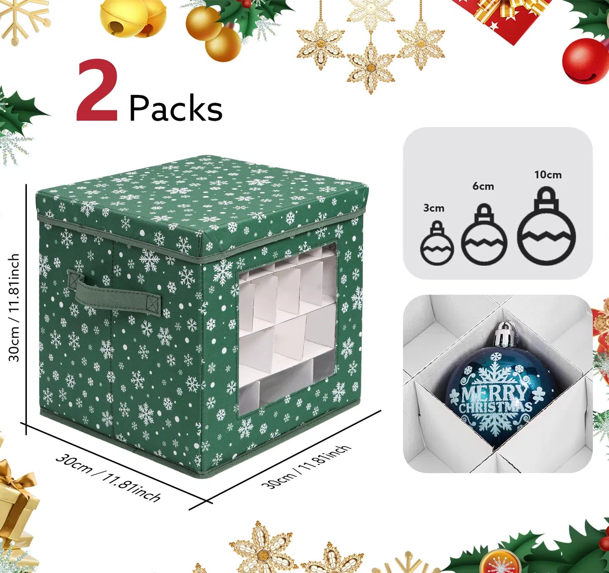 Anstore - Caja de almacenamiento de Navidad grande con tapas en 3 tamaños divisores, caja de almacenamiento de adornos de Navidad de 83 compartimentos con asa de transporte y ventana, almacenamiento