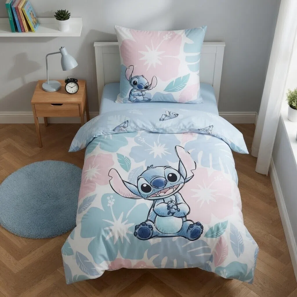 Aymax Ropa de cama infantil Stitch Flowers, funda nórdica reversible 135 x 200 cm + funda de almohada de 80 x 80 cm, 52 % algodón, 48 % poliéster