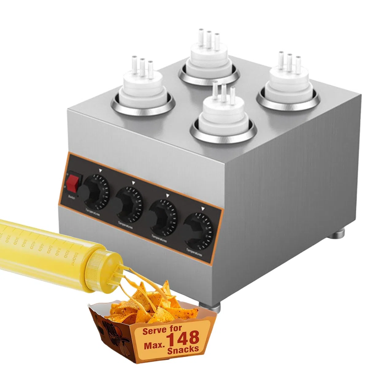 Dispensador eléctrico comercial para calentar salsas, acero inoxidable de 640 W, para encimera, queso nacho y calentador de dulce caliente con 4 botellas exprimibles de 650 ml