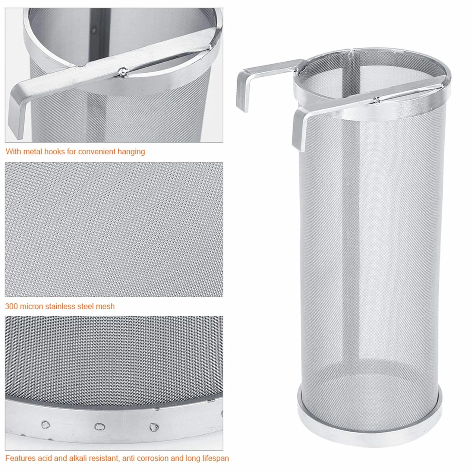 Filtro de elaboración de Cerveza, Acero Inoxidable de 300 micras, colador de lúpulo de Cerveza casero con Gancho para Equipo de Barril de hervidor de elaboración (10 * 25,5 cm)