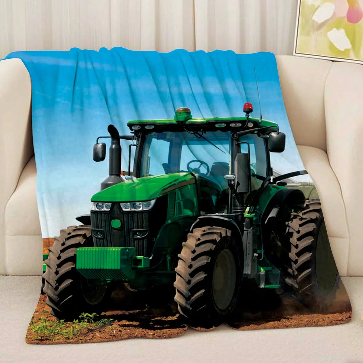 Manta de tractor, manta para niños, manta de franela con temática de granja, manta cálida y mullida para sofá para niños y niñas (tractor azul, 150 x 200 cm)