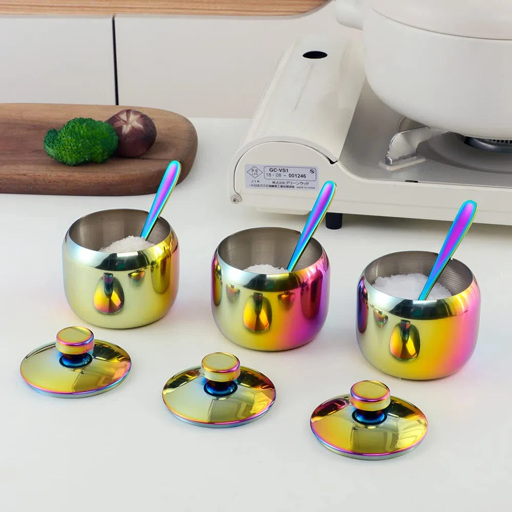Juego de salero y pimentero de acero inoxidable, dispensador de sal y pimienta, 2 piezas para cocina (Rainbow-tres)