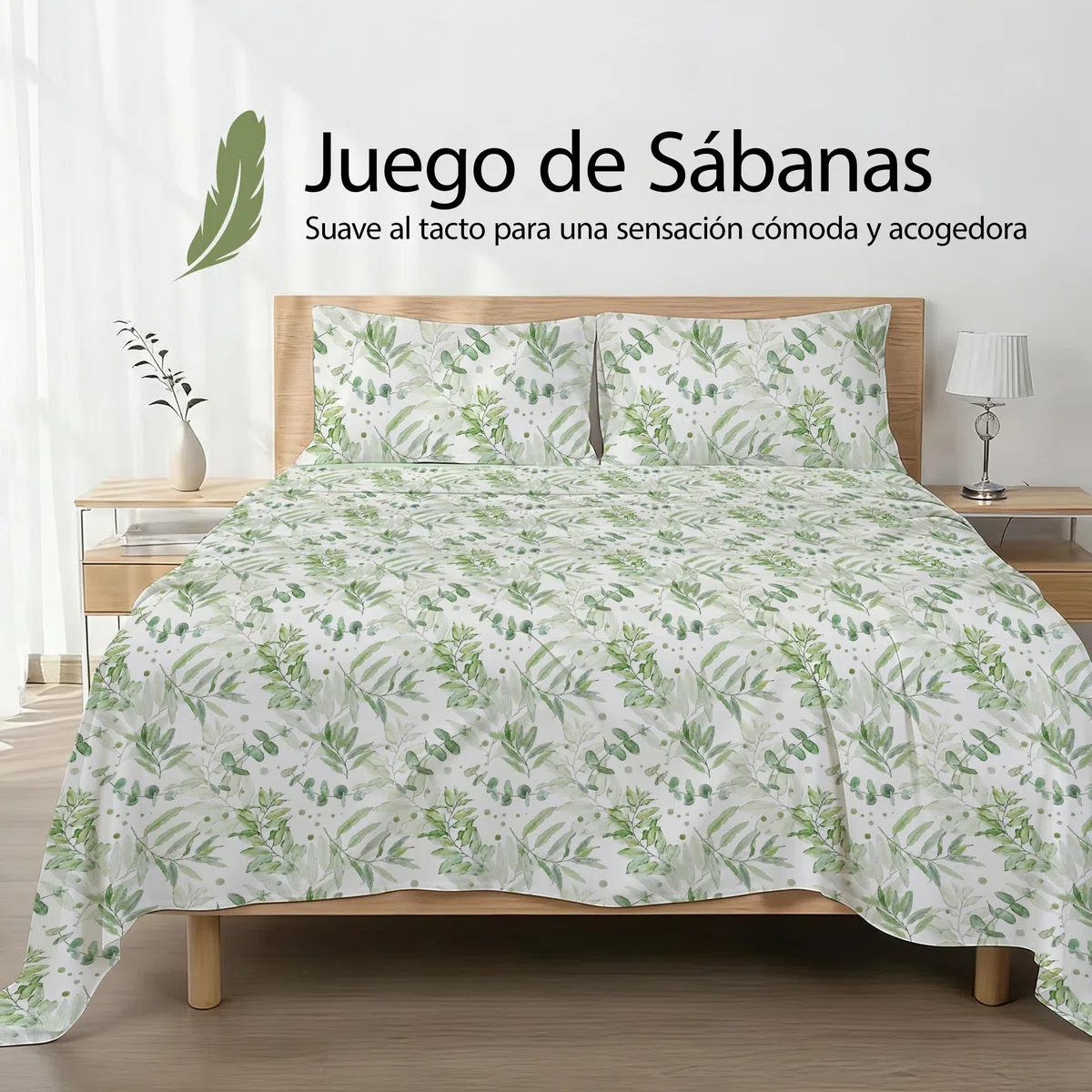 Etrexonline Juego de Sábanas 4 Piezas para Cama de 150 cm - Microfibra Suave y Transpirable, Incluye 1 Bajera Ajustable, 1 Encimera y 2 Funda de Almohada - Color Hojas Verdes Acuarela