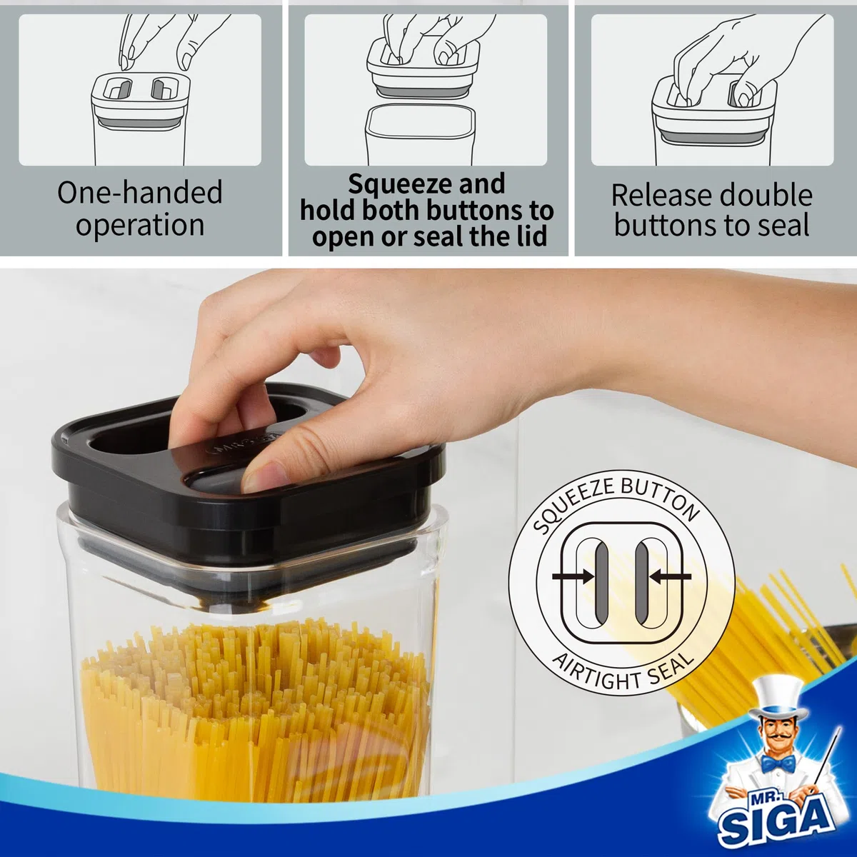 MR.SIGA Juego de 6 recipientes herméticos para almacenamiento de alimentos, sin BPA, recipientes de organización de despensa de cocina | Contenedores de almacenamiento de cocina sin BPA, apilables, con una sola mano para cereales, espaguetis, pasta, color