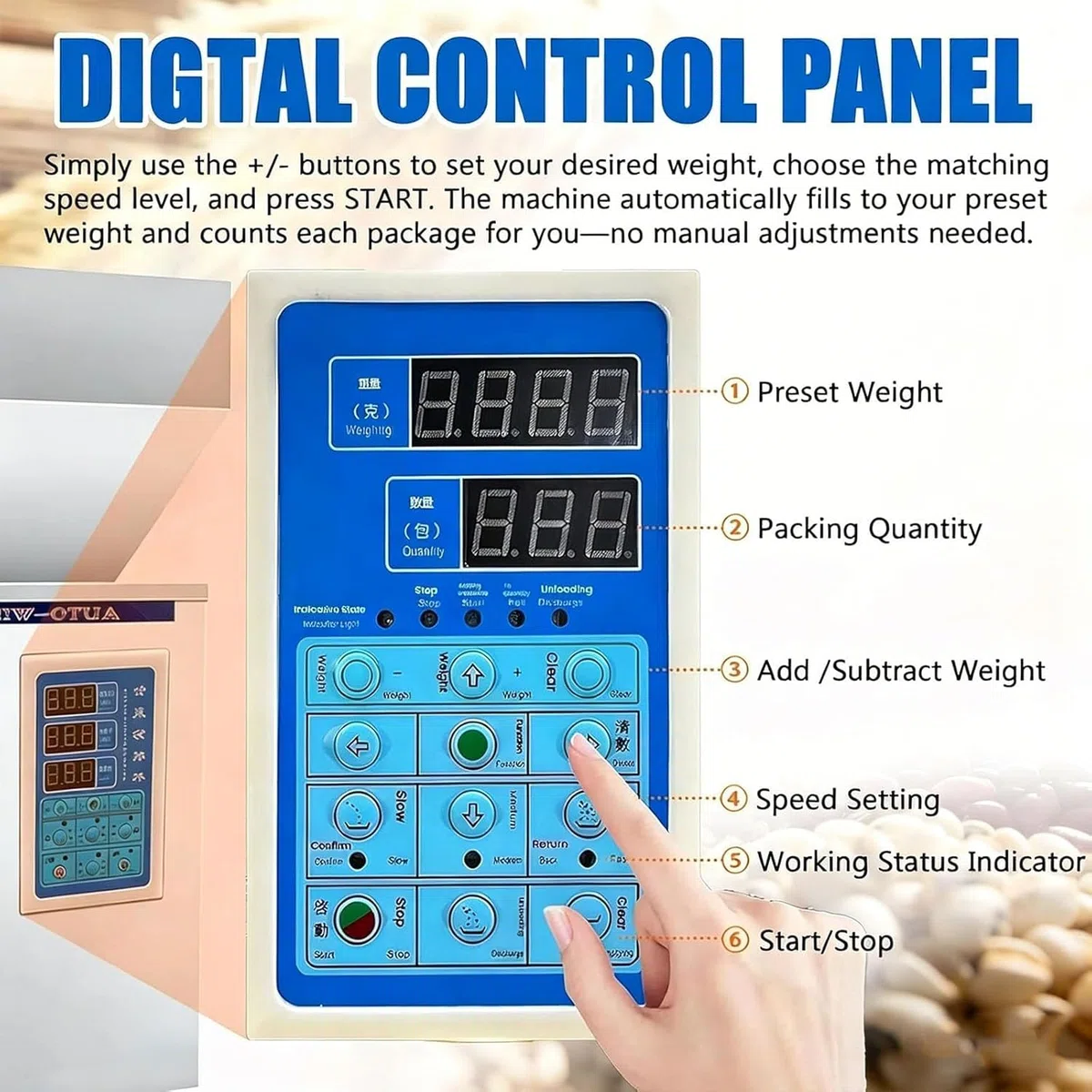 Máquina de llenado de gránulos, dispensador automático de Polvo con pesaje Inteligente, 3 velocidades, Acero Inoxidable Apto para Uso alimentario, Ideal para pequeños talleres.