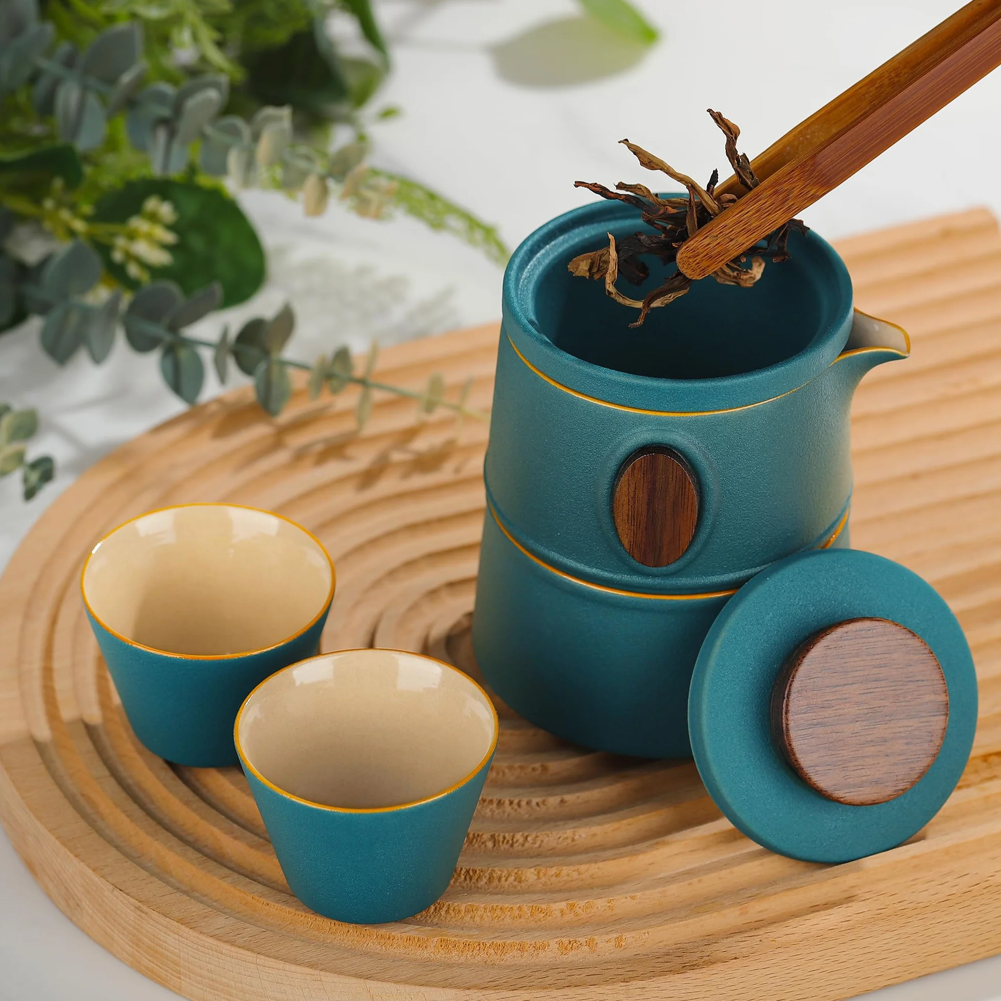 fanquare Juego de Té Portátil de Viaje con Estuche Tetera de Kung Fu China de Porcelana Verde con Infusor Mini 1 Tetera 3 Tazas para Exterior