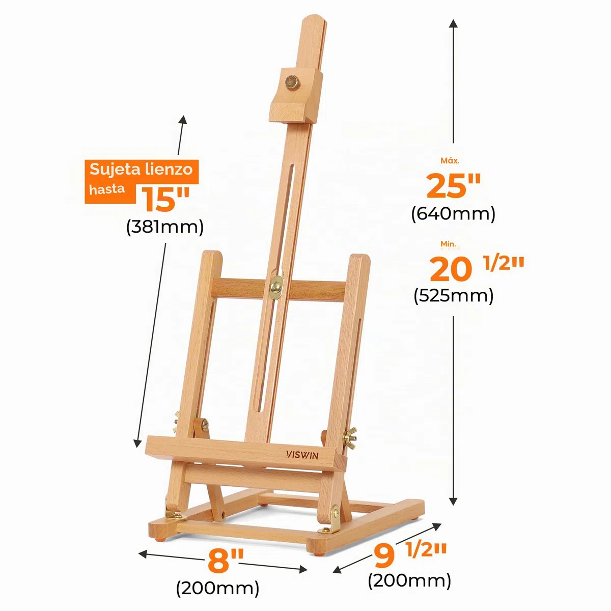 VISWIN Caballete de mesa pequeño en H 63 cm, ajustable, madera de haya, para lienzos hasta 38 cm, caballete portátil para adultos, artistas, principiantes – Natural