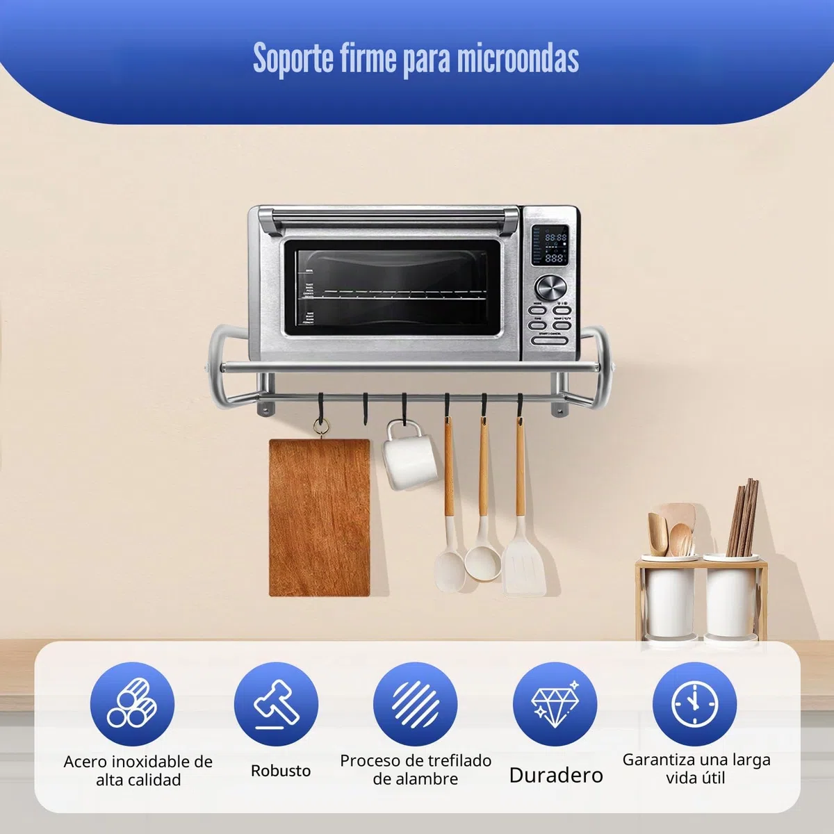 Soporte de pared para microondas, estante para microondas, con 6 ganchos, acero inoxidable hasta 30 kg, soporte de pared de almacenamiento de cocina, para colocar diversos objetos y