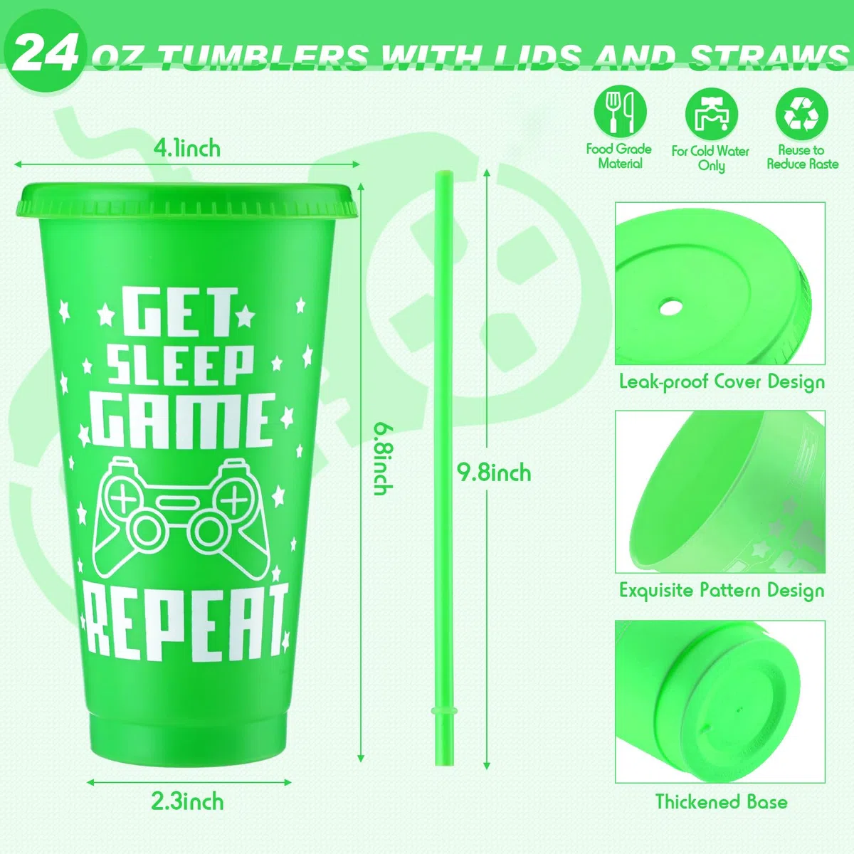 Mifoci Juego de 24 vasos de plástico para videojuegos con tapas y popotes con mochila con cordón para videojuegos, vaso reutilizable de 24 onzas con tapa y popote con bolsa con cordón para fiestas de