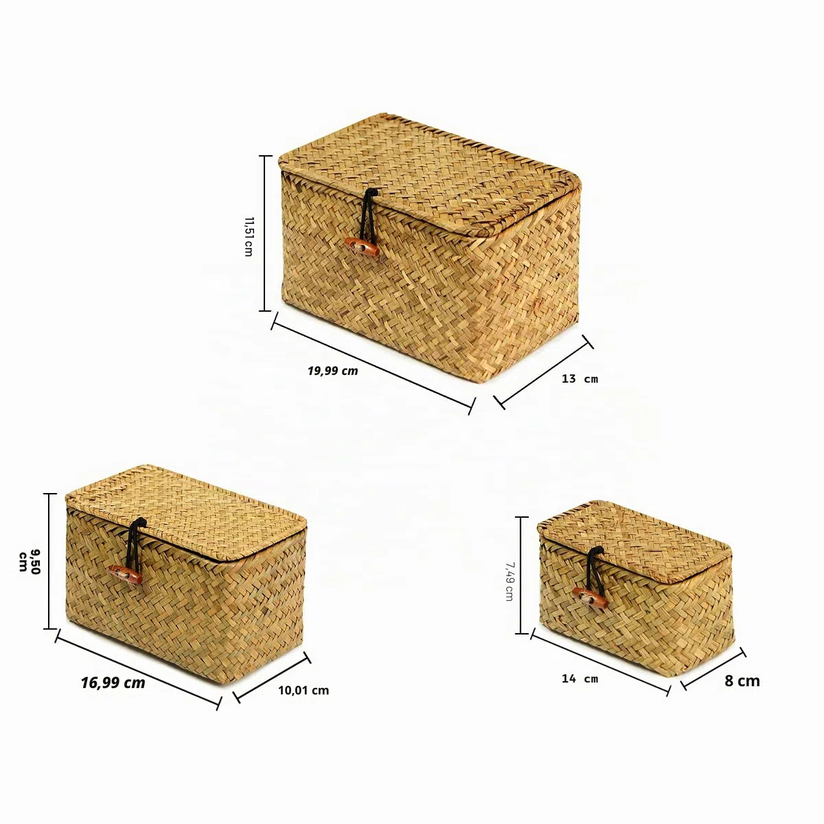FEILANDUO - Juego de 3 cestas con tapas pequeñas tejidas a mano para almacenamiento de agrasos marinos mini cesta de escritorio organizador de maquillaje contenedor multiusos (Pequeño, Naturales)