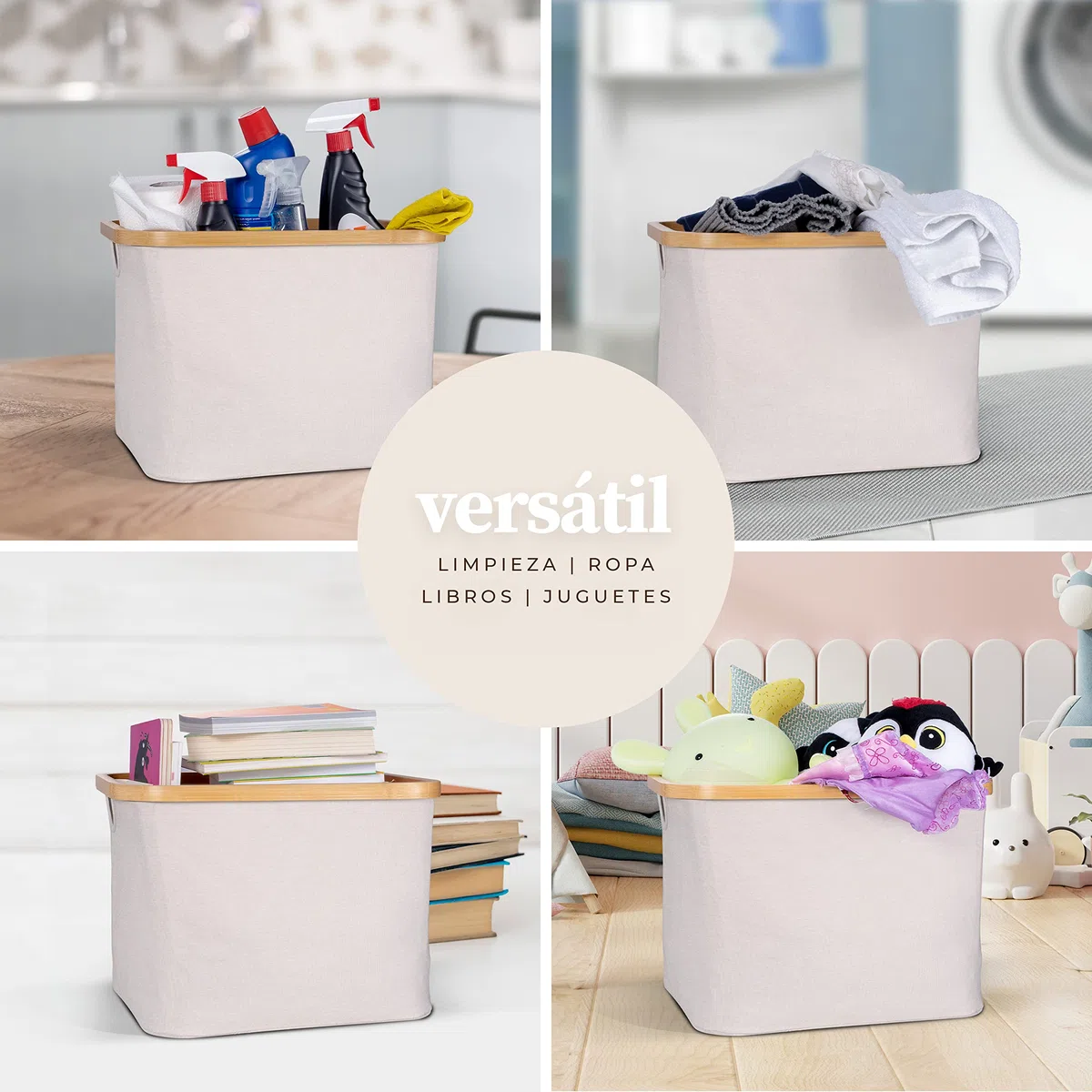 HENNEZ Caja Almacenaje con Tapa - Cestas Almacenaje 40L - Cesto Ropa Sucia - Cajas Almacenaje Decorativas para Estantería Kallax - Cajas de Almacenamiento Tela Bambú Cajas Organizadoras con Tapa Beige