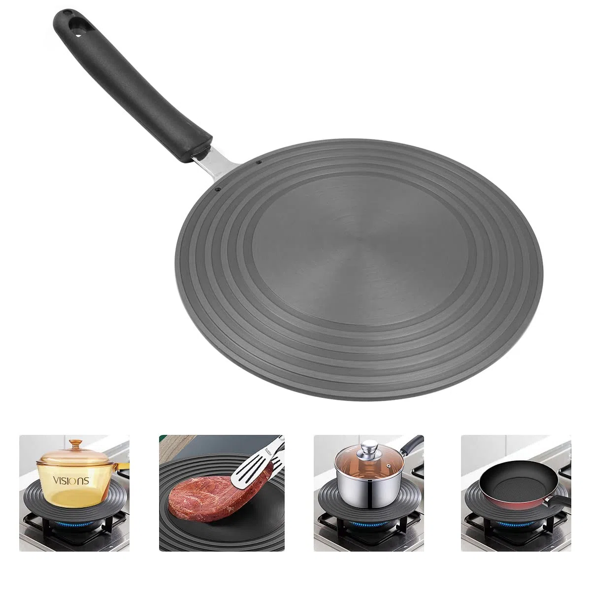 Placa conductora de Anillo de Cocina de Gas de Aluminio, Placa de conducción de Calor con asa, difusor de Calor Circular, Negro Anti-Quemaduras en la Parte Inferior de la Olla Utensilios