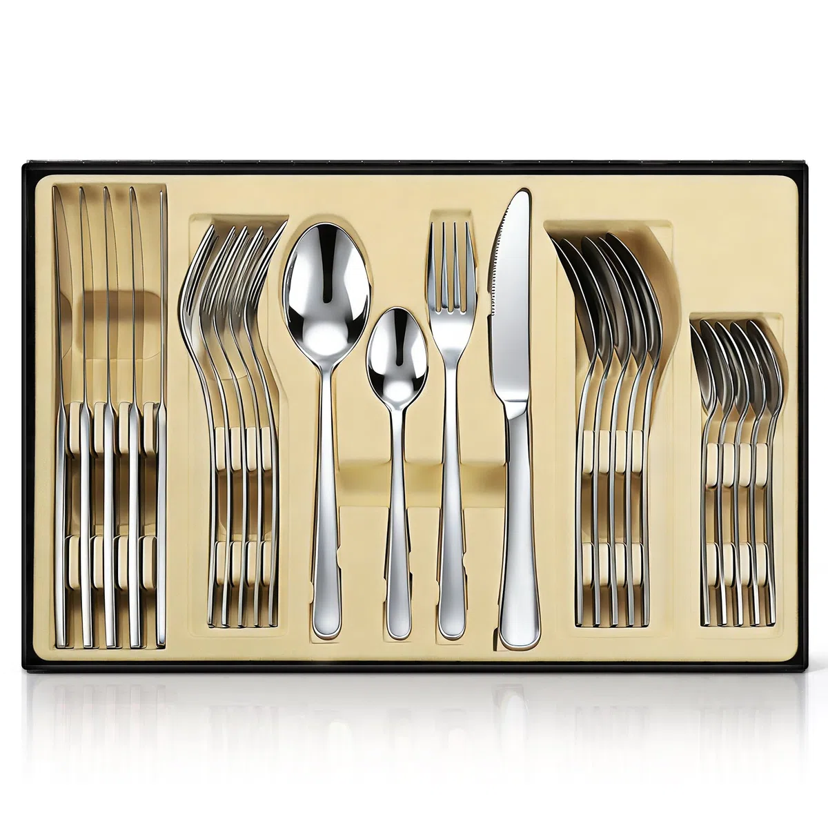 Juego de cubiertos de plata, 24 piezas de acero inoxidable pulido espejo, juego de utensilios de cocina para 6 personas, vajilla para el hogar y el restaurante con caja de regalo