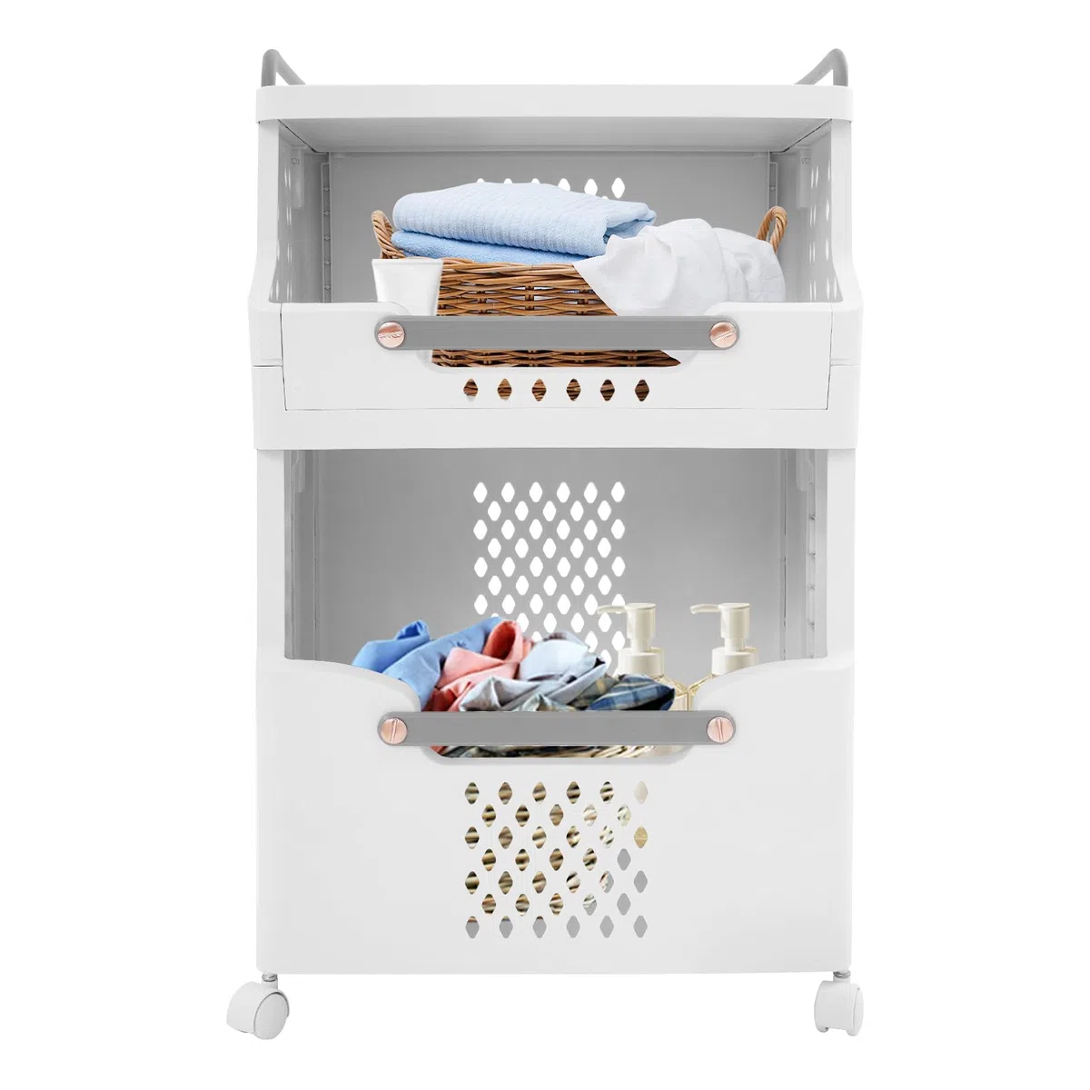 Cesto para la colada con ruedas, cesta de lavandería plegable de 2 niveles de plástico PP, organizador de ropa grande con estante y asas, carrito de lavandería móvil para baño, 41,6 x 29,7 x 68,3 cm