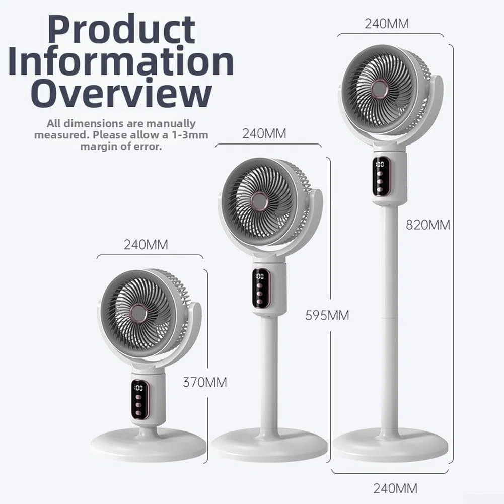 Ventilador de suelo recargable por USB con oscilación de 180 grados y motor silencioso sin escobillas para una circulación eficiente del aire (modelo de carga)