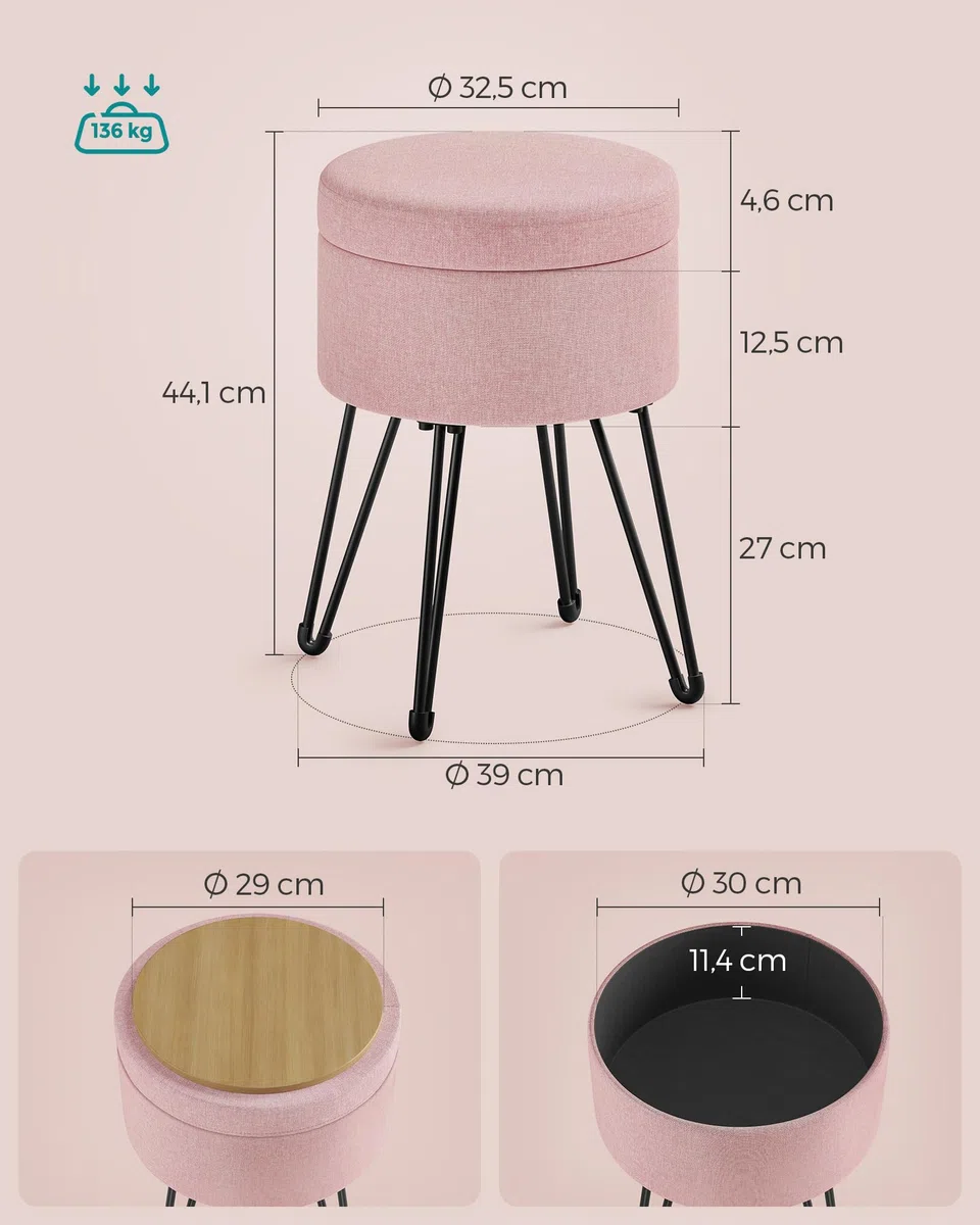 SONGMICS Puff Almacenaje, Baul Almacenaje, Banco Almacenaje Redondo, Taburete de Tocador, 39 x 44,1 cm, 4 Patas de Metal, Asiento Acolchado, Rosa Jalea LOM002R01