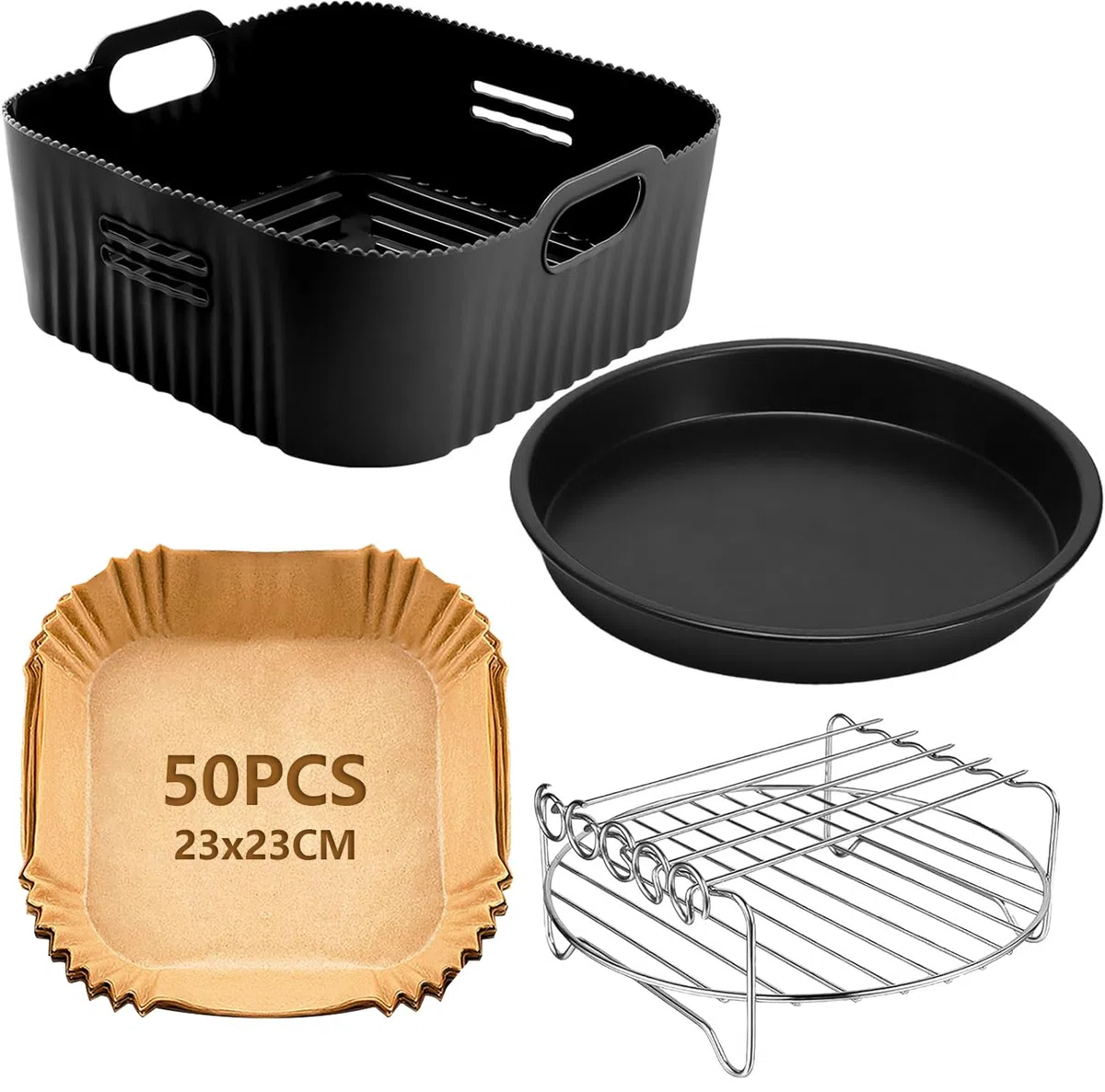 23CM Accesorios Freidora de Aire para COSORI 6L/6,2L/6,4L, Cecotec 7,6L, 4PCS Cuadrado Moldes para Freidora de Aire con Papel, Rejilla Multiusos, Bandeja para Pizza, Molde Silicona Freidora de Aire