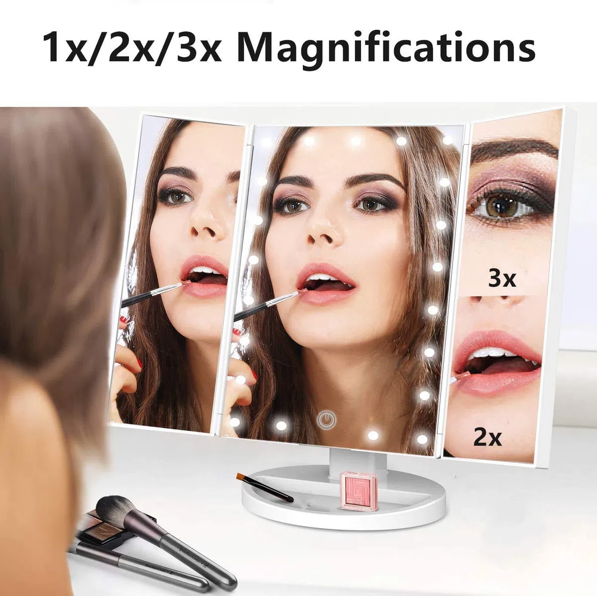 Infitrans Espejo de Maquillaje Tríptico con Aumento 1x, 2X, 3X, Espejo Cosmético Pantalla Táctil en Iluminacíon 21 Led, Adjustable 180º (Blanco)