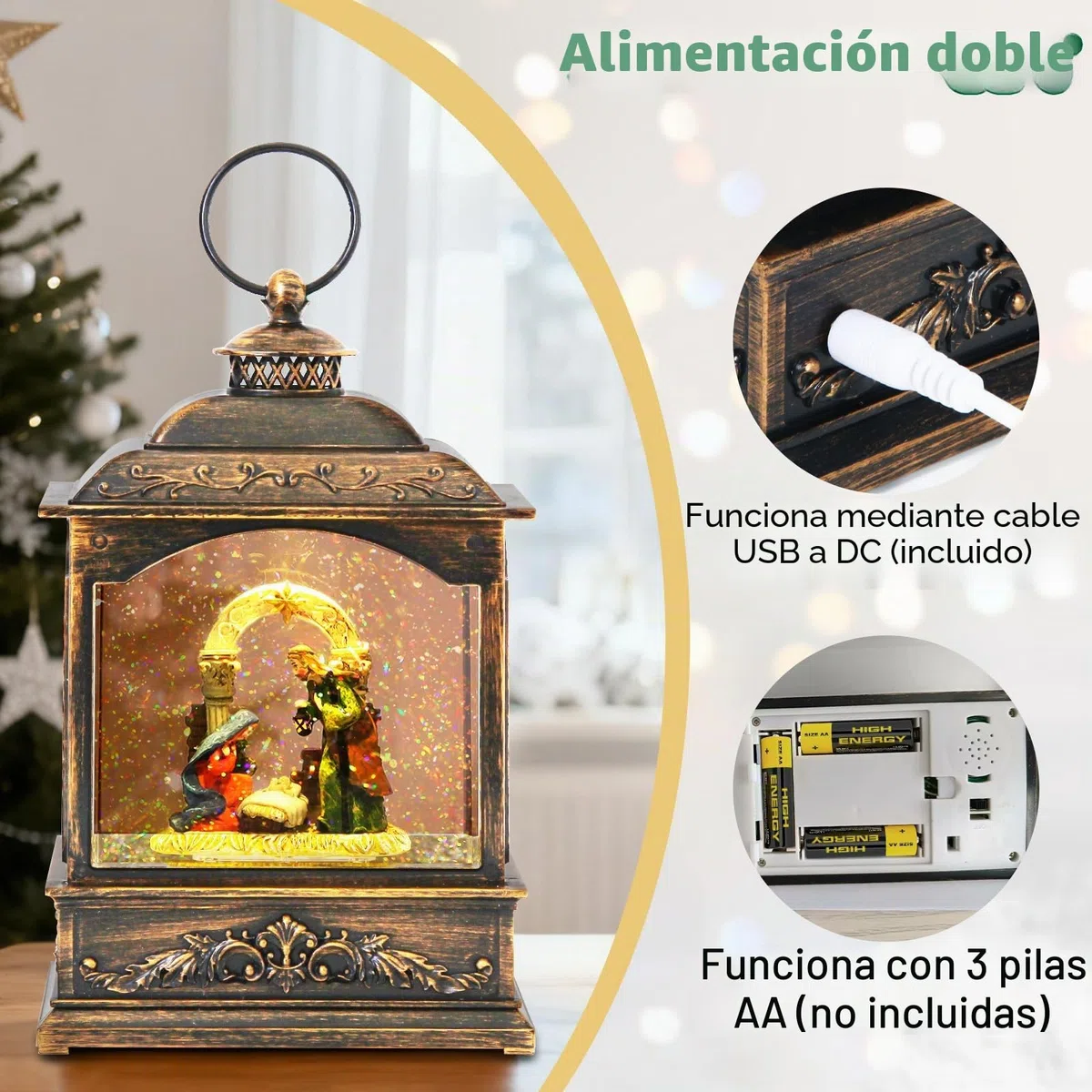Globo de Nieve de Navidad, Linterna Musical con Belén, Bola de Agua Linterna Led para Decoración Navideña, Función de Temporizador, 21cm, Alimentación por USB o Batería