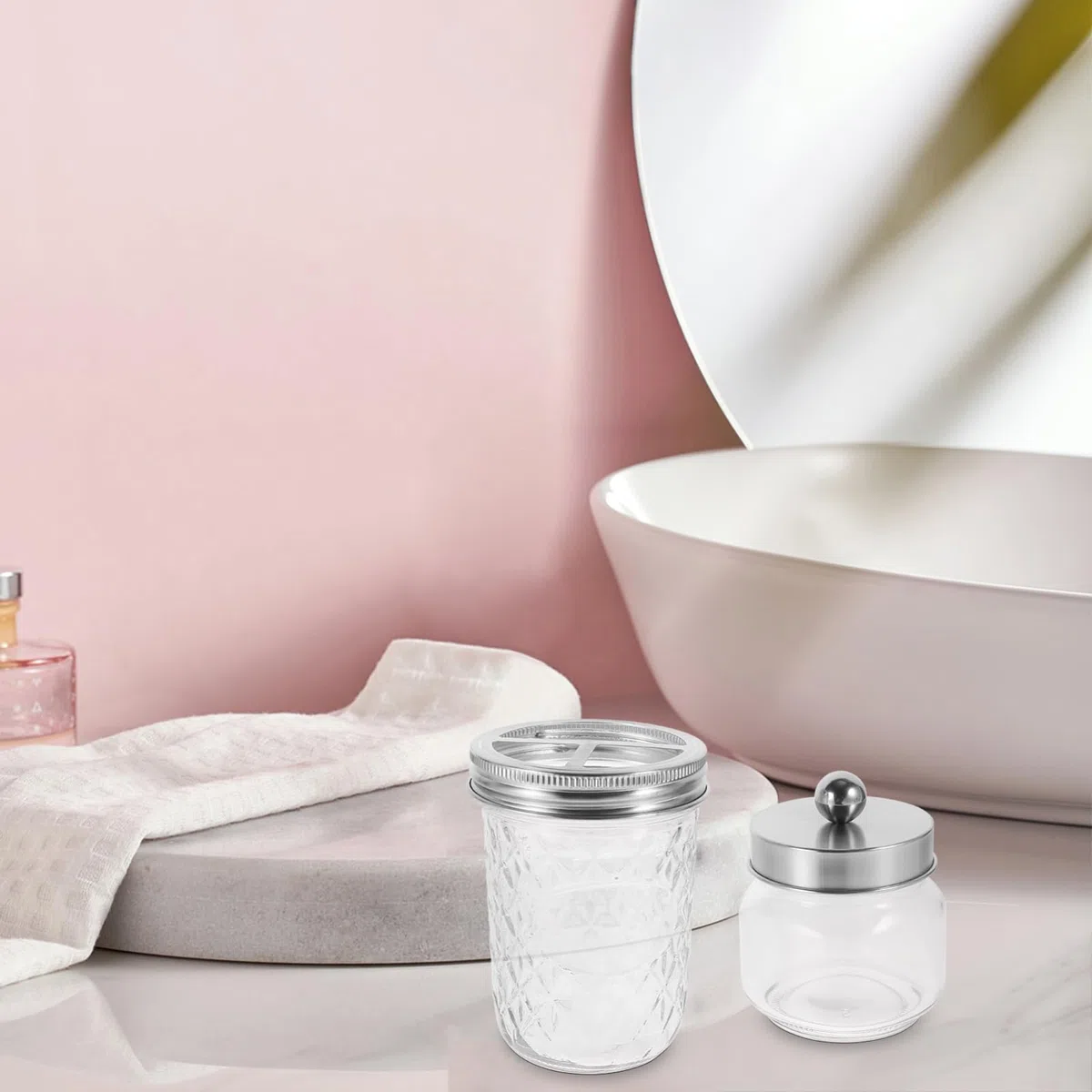 ULTECHNOVO Set Accesorios Baño 5 Piezas Dispensador de Jabón de Espuma, Soporte para Cepillos de Dientes y Tarros de Almacenamiento de Vidrio y Acero Inoxidable para Baño