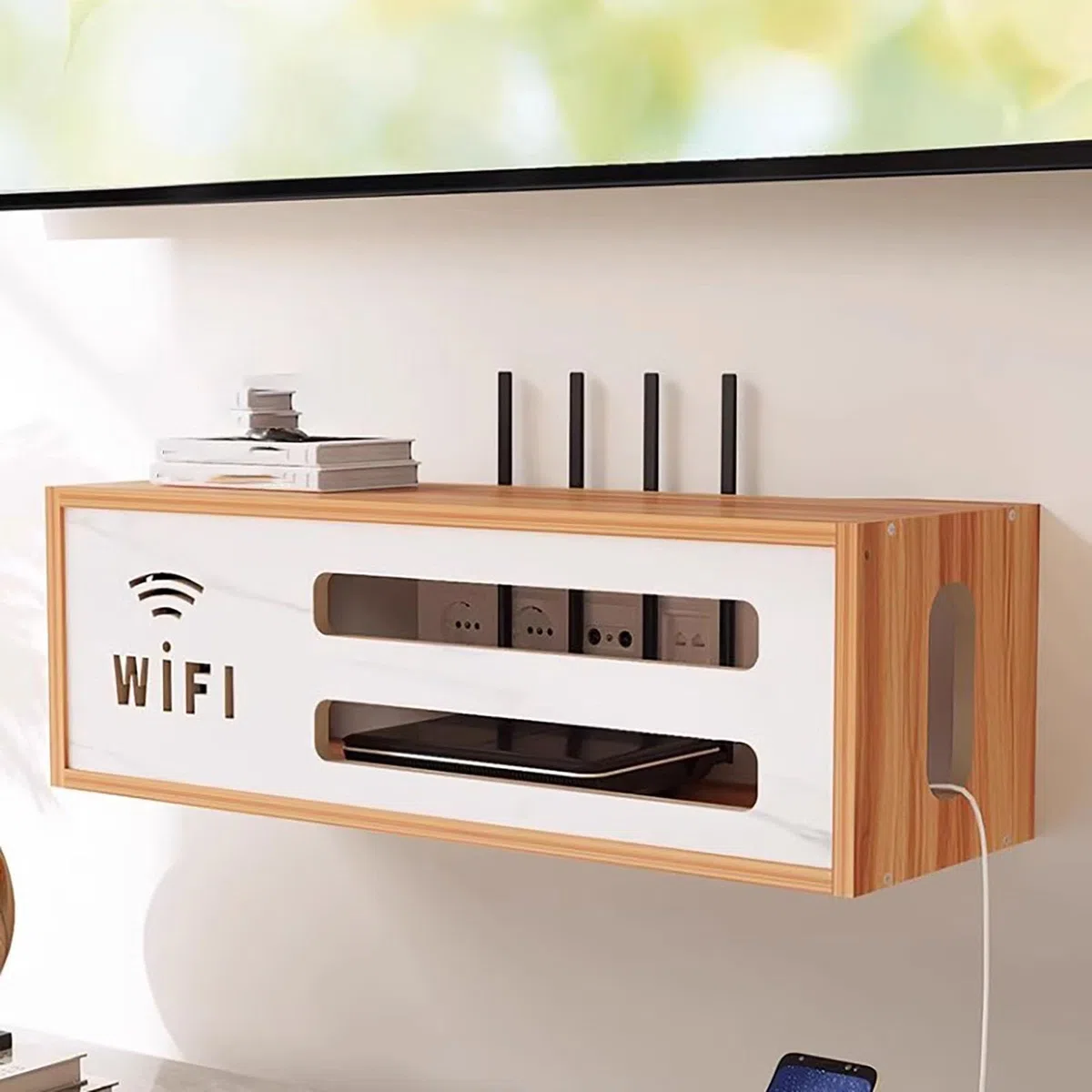 Caja De Almacenamiento WiFi Montada En La Pared,Pared Colgante WiFi Router Caja,Caja de Almacenamiento de enrutador,para Decodificador De Cable De Datos.(Natural)