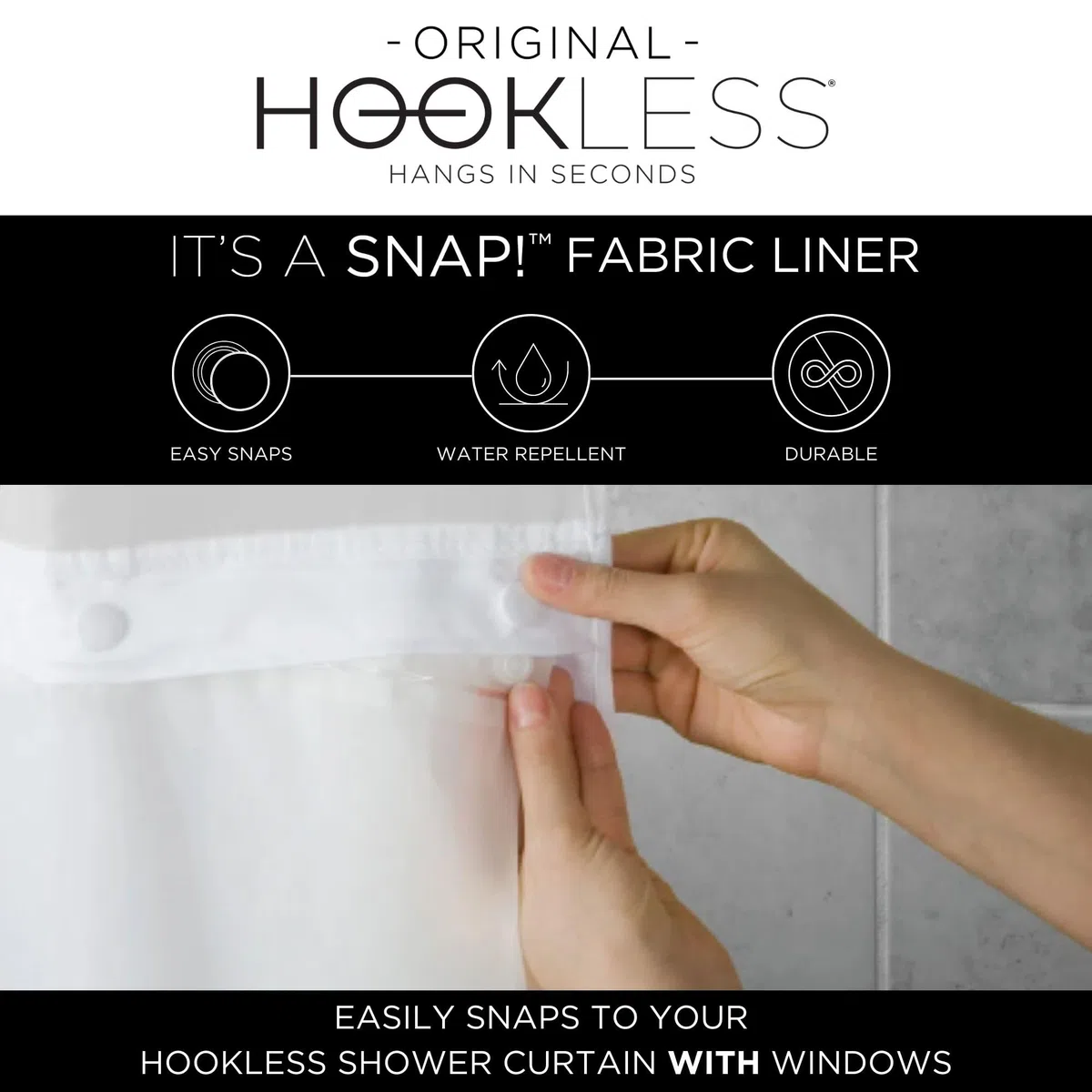 Hookless It's a Snap! Cortina de Ducha de Repuesto de Tela de poliéster con imanes con Ventana Transparente, 178 x 137 cm, Impermeable, fácil de Instalar, Color Blanco