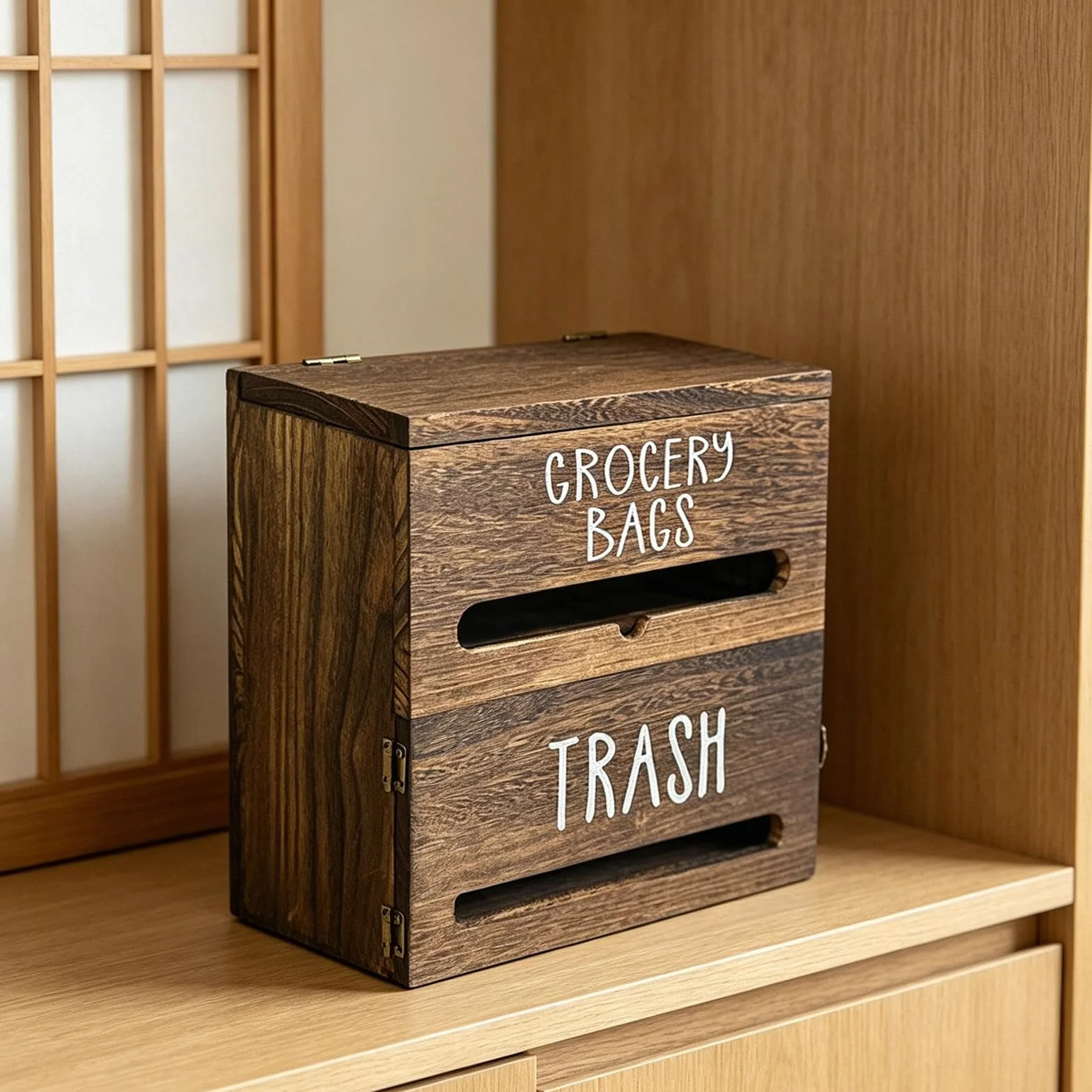 MERIGLARE Dispensador de Bolsas de Basura de Pared, Organizador Multifuncional de Madera, Soporte para Bolsas de Supermercado para Lavandería, Oficina O Garaje, Marrón Oscuro, Individual
