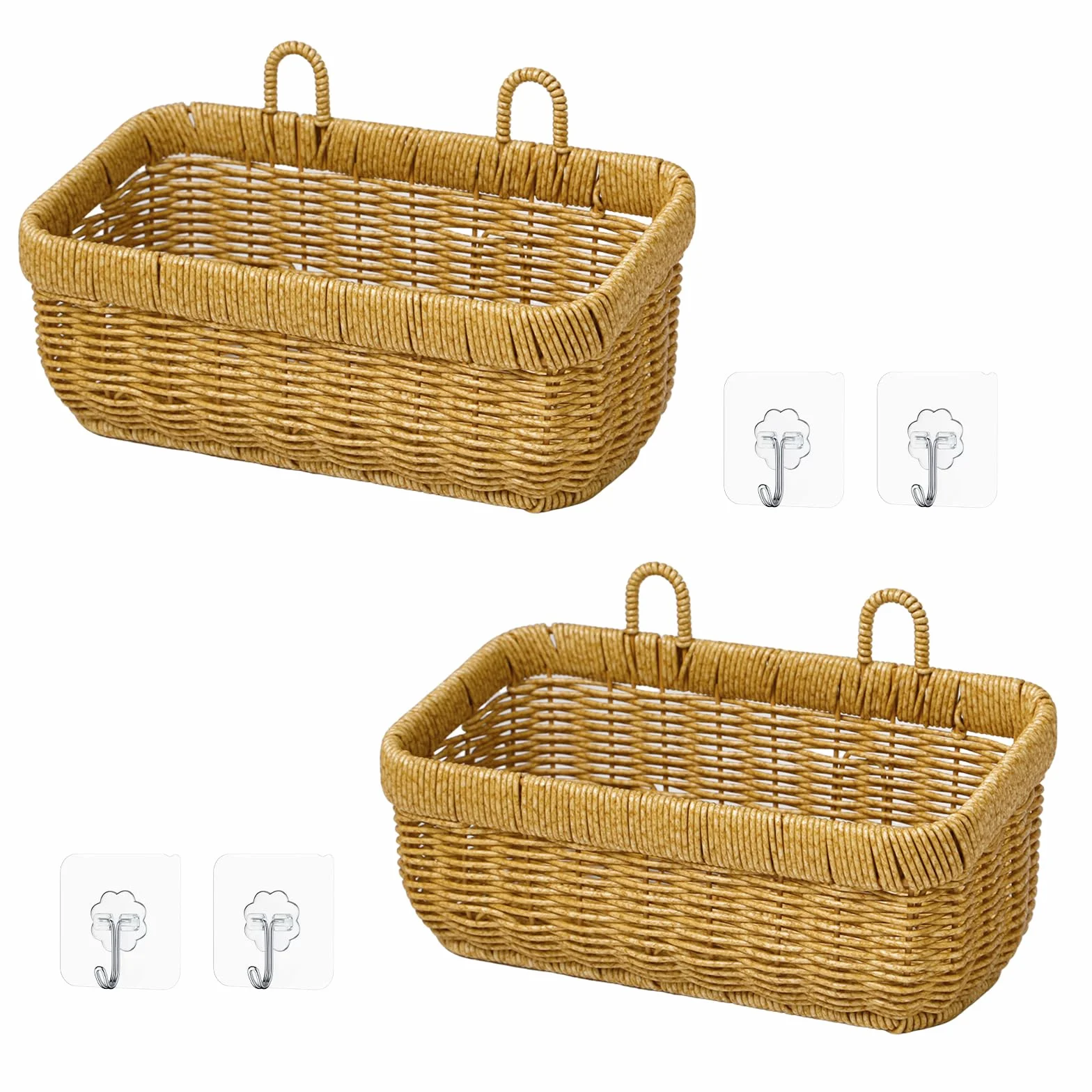 2 Piezas Cesta Colgante Tejida de Pared Cestas de Almacenamiento Tejidas Cesta Colgante Tejida Imitación Ratán para Cocina y Salón, Cestas Marrón Claro (28x16x13cm)