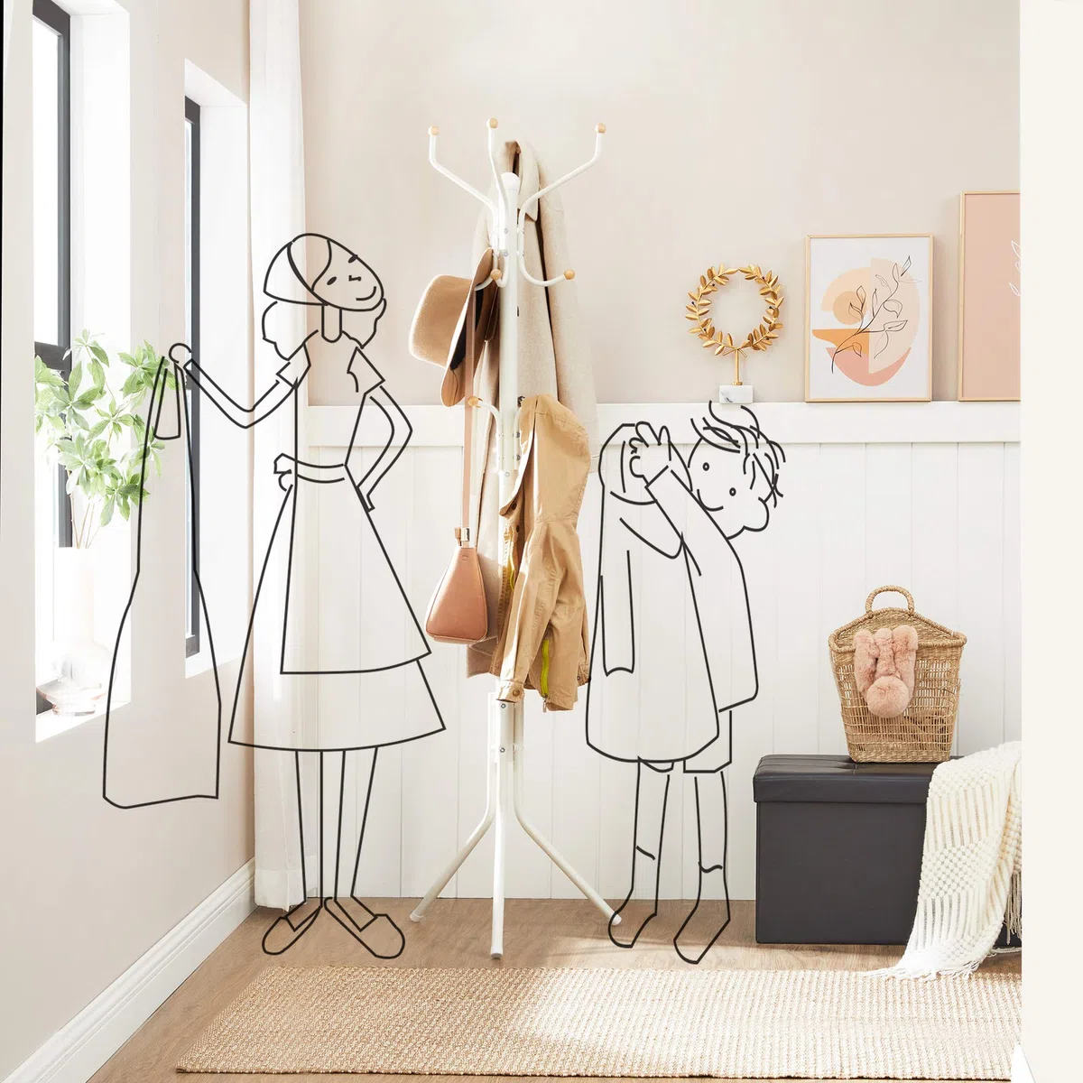 SONGMICS Perchero de Metal, Soporte de Ropa de Pie, Colgador de Bolsos Gorras Ropa, Altura de 182 cm, con 12 Ganchos, Blanco RCR19W