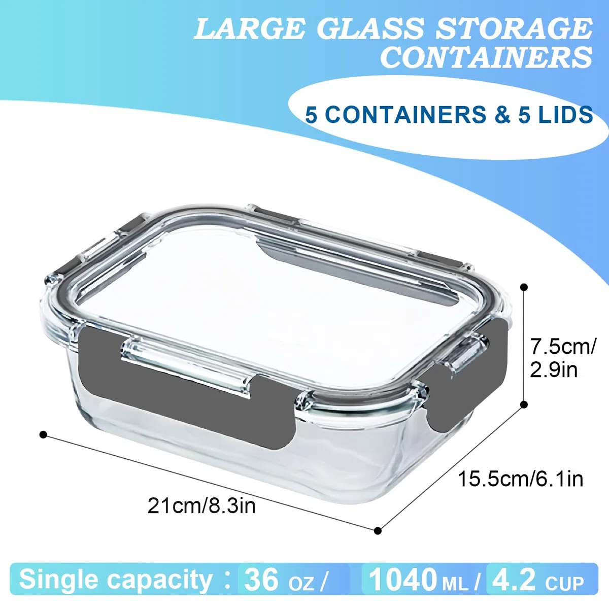 KUMD Paquete de 5 recipientes de vidrio para almacenamiento de alimentos de 36 onzas con tapas de cierre hermético (1040ml) - Cajas de comida y almuerzo a prueba de fugas, aptas para horno, microondas