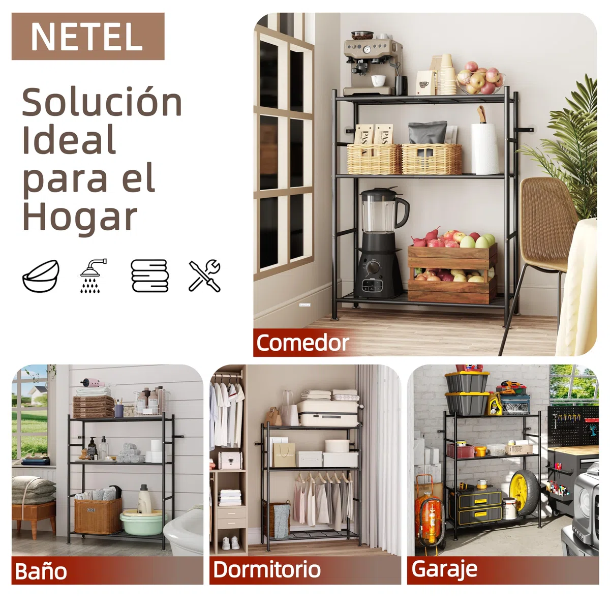 NETEL estanterias almacenaje Cocina de 3 baldas，estanteria Metalica,Altura de los estantes Regulable,Storage Shelves con 4 Ganchos,84 × 32 × 182 cm (L × An × Al)，Negro