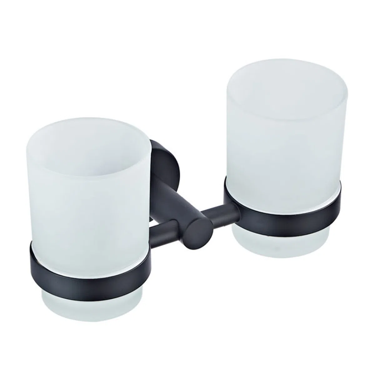 Soporte doble para cepillo de dientes de pared negro mate, soporte doble de latón con 2 vasos de cristal, accesorios de baño elegantes, decoración moderna para el hogar y el spa