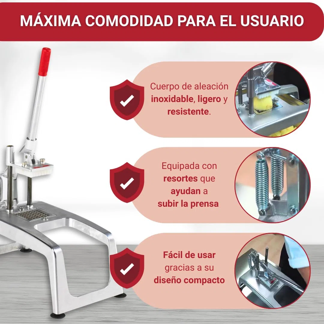 YOMMAK Cortador Manual de Patatas Industrial Profesional Multifuncional Mandolina de Cocina de aluminio anonizado, Picadora Manual Hostelería, Se Suministra con el Corte de 10 * 10
