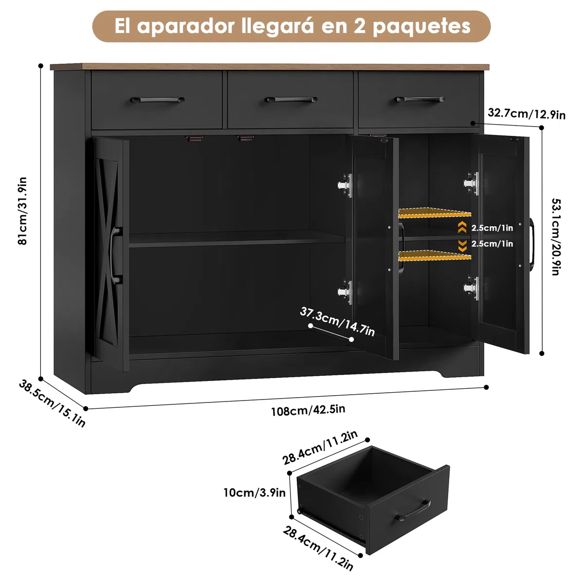 HOCSOK Aparador Cocina, Armario de Cocina con 3 Cajones y 3 Puertas, Armario de Almacenamiento para Salón, Comedor, Estantes Ajustables, Negro y Marrón | Armario buffet de cocina con 3 cajones y 3 puertas, armario de cocina para salón, cocina, comedor
