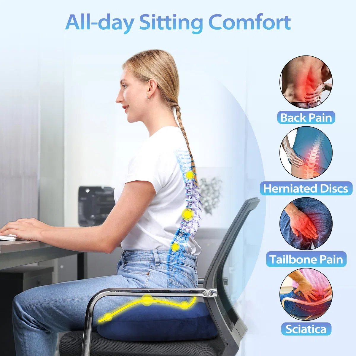 HOMCA Cojín para Coxis Espuma Cojín Hemorroides, Cojin Silla Oficina Cojin Antiescaras para Asientos de Oficina, Silla de Ruedas, Parte Inferior Antideslizante, Funda Lavable, Azul