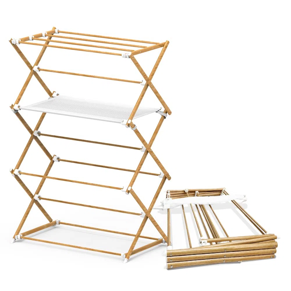 VOUNOT® Tendedero Ropa Plegable de Metal Resistente, Tendedero Portátil Colgador de Ropa Aspecto de Madera, 3 Niveles, para Interior y Exterior