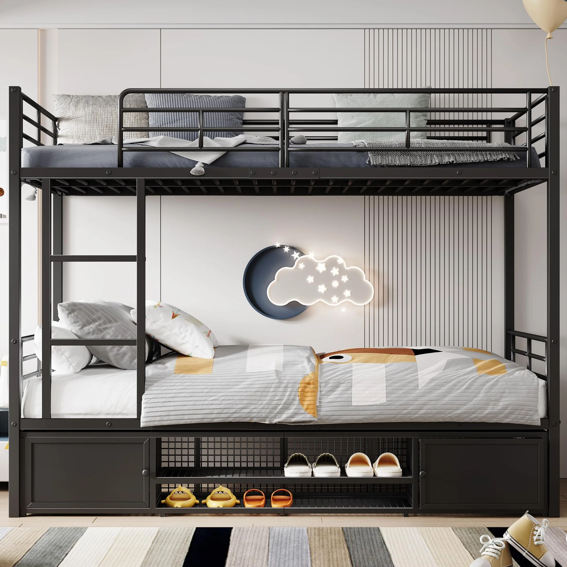 Lubvtti Litera con estructura de hierro 90 x 200 cm, zapatero abierto y pequeño armario de dos puertas, con escalera lateral y red de protección, negro (colchón no incluido)