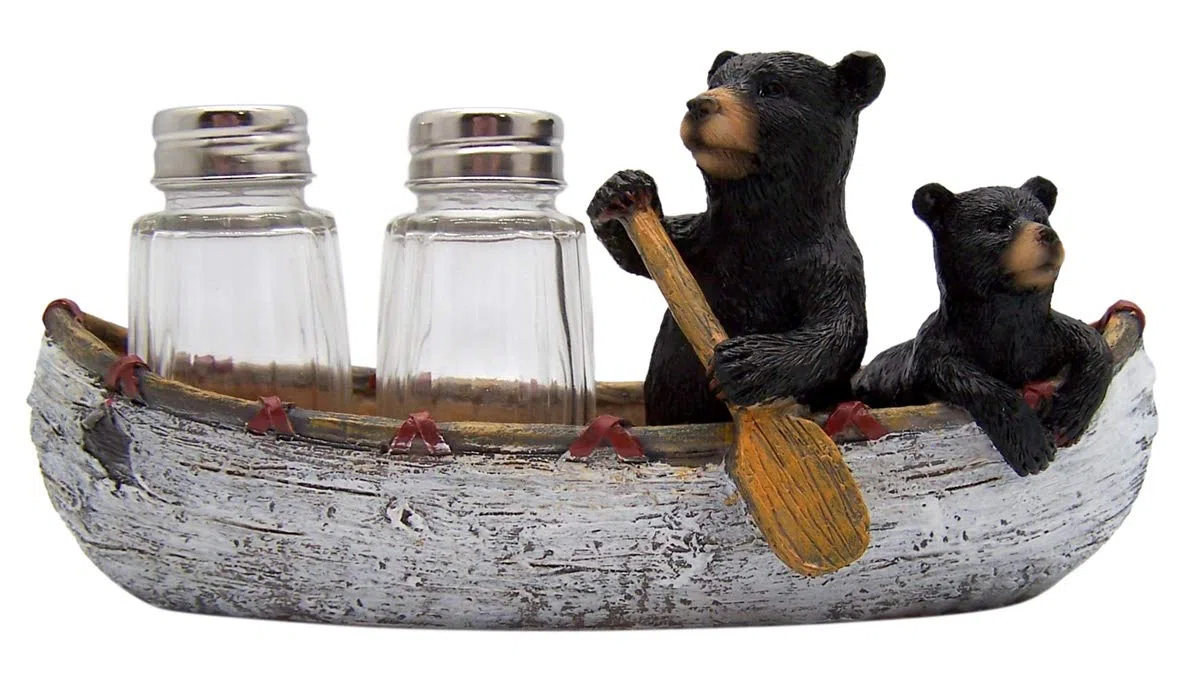 Juego de salero y pimentero con diseño de oso y cachorro en canoa (cocteleras incluidas)