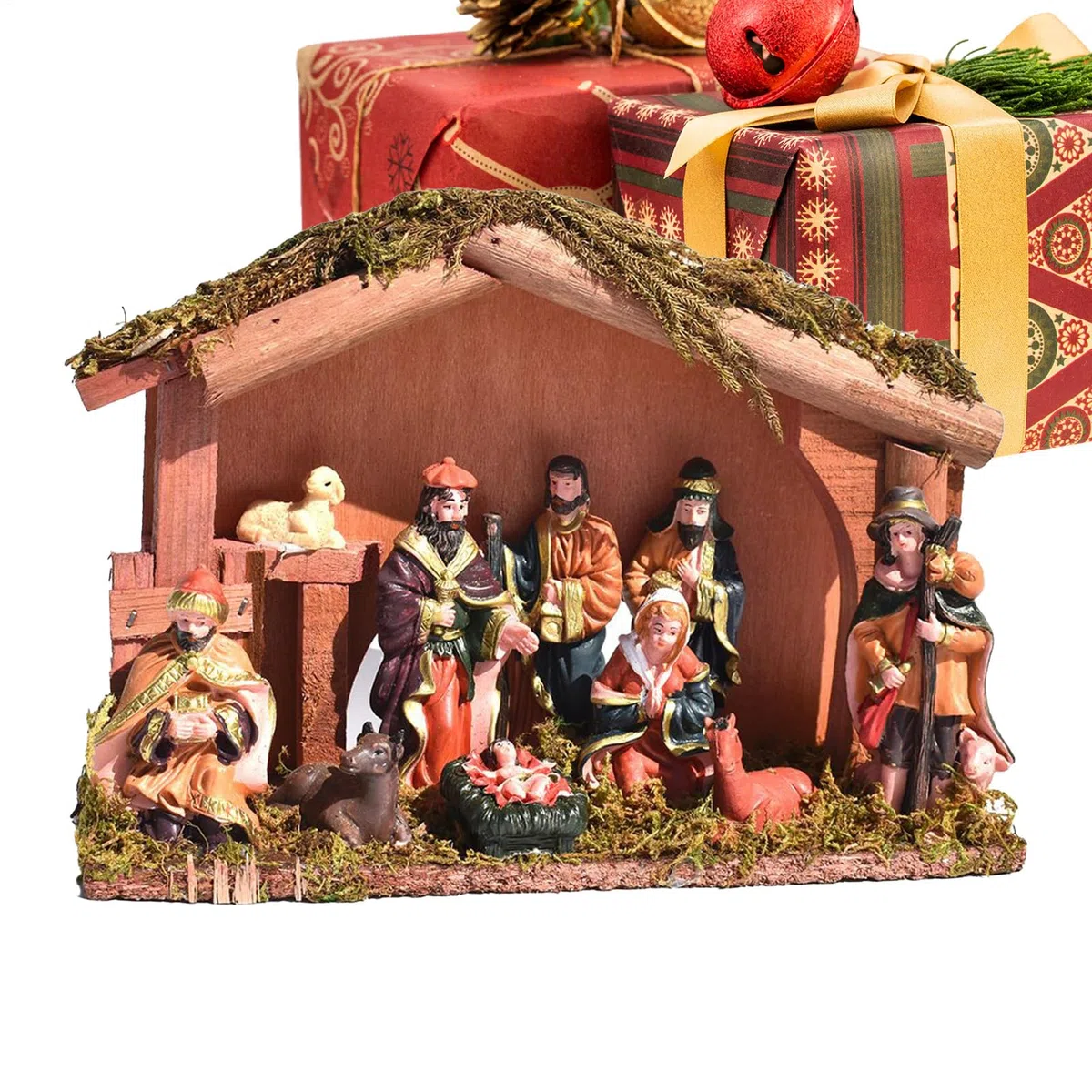 Juego de belén de Navidad - Figuras religiosas de belén de la familia sagrada como centro de atención, belén de madera | Para la mesa de interior para el hogar para la chimenea para la