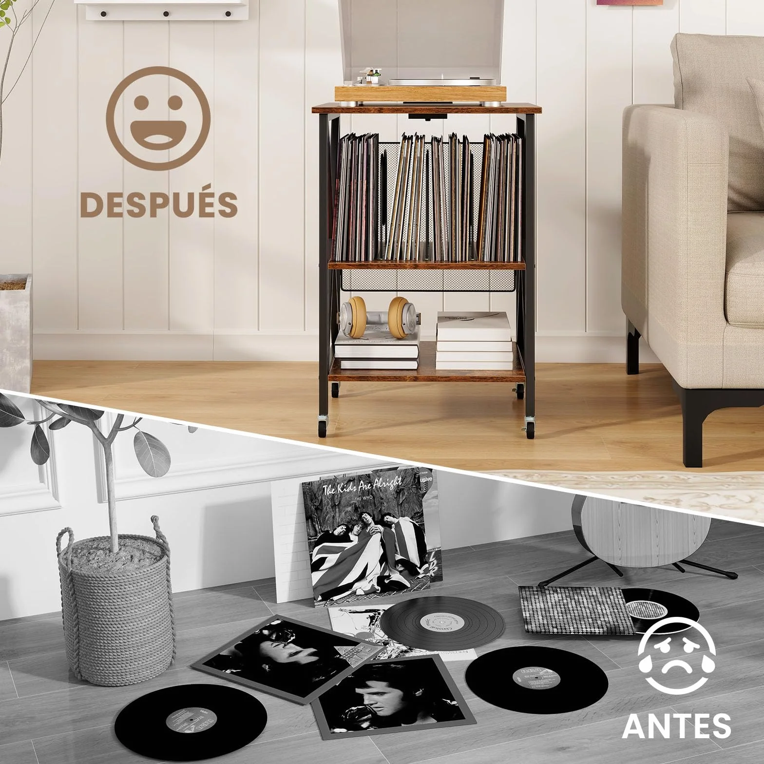 GOPLUS Soporte para Tocadiscos, Estante de Almacenamiento para Vinilos de 3 Niveles con Estación de Carga Incorporada y Ruedas Bloqueables, Soporte para Giradiscos (Marrón Rústico)